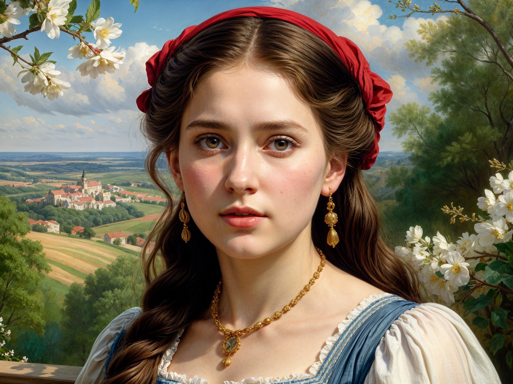 Young woman in traditional outfit with scenic background