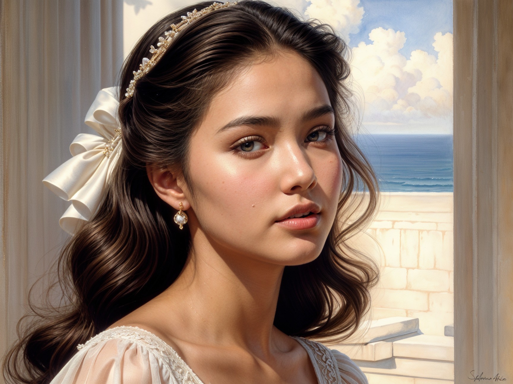Young woman in flowing dress with serene seascape backdrop