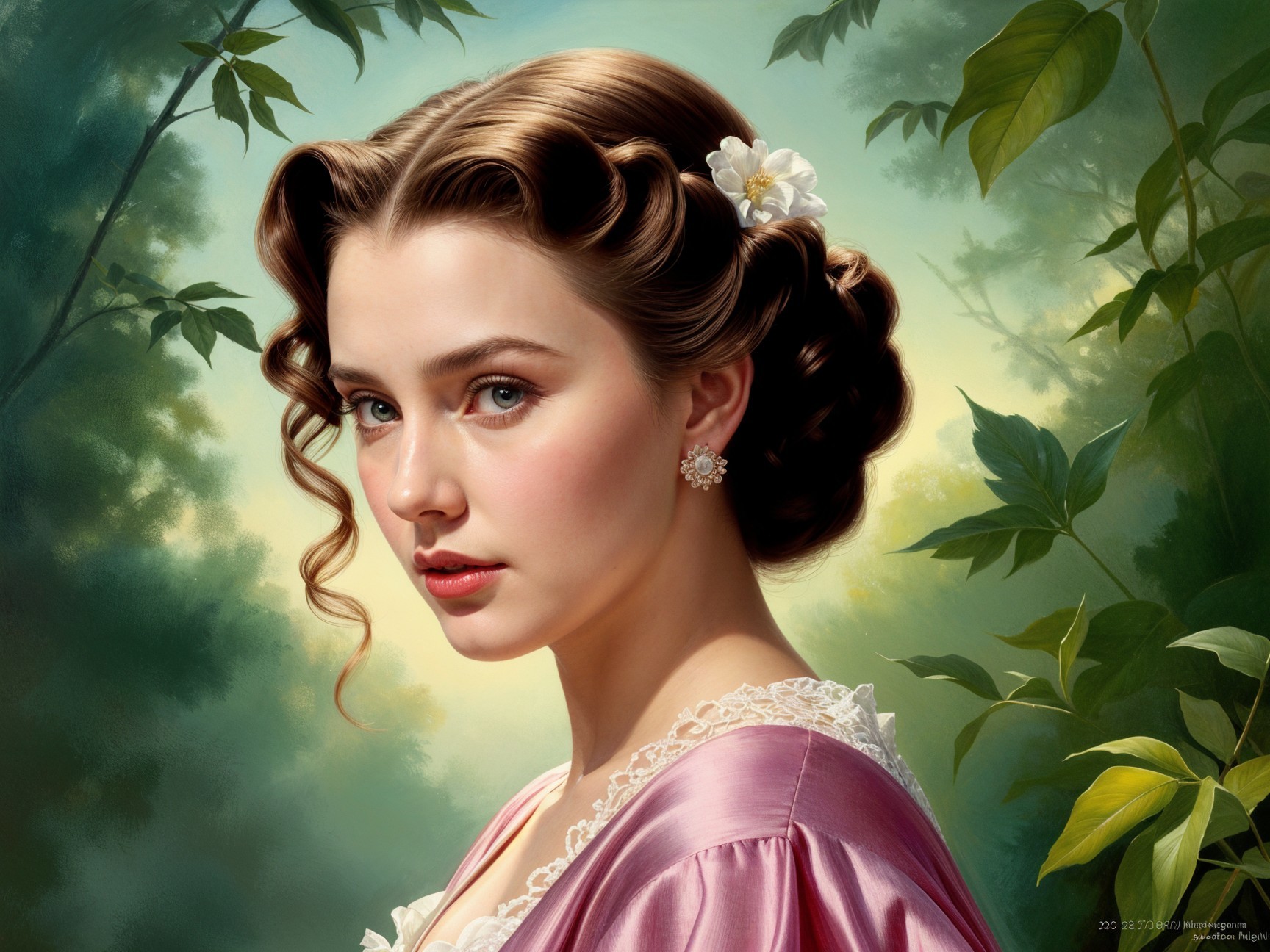 Young woman in pink gown with floral hair adornment