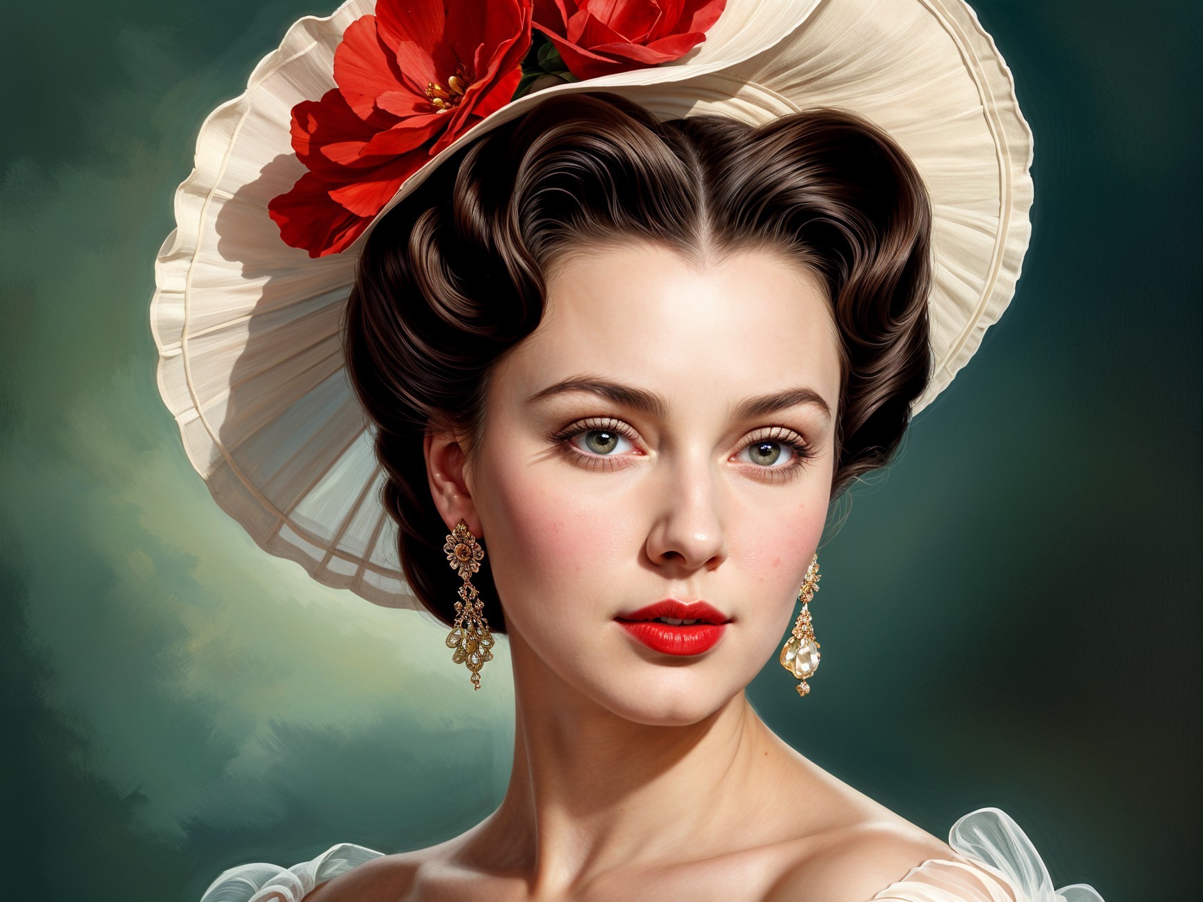 Elegant Young Woman in Wide-Brimmed Hat and Flowers