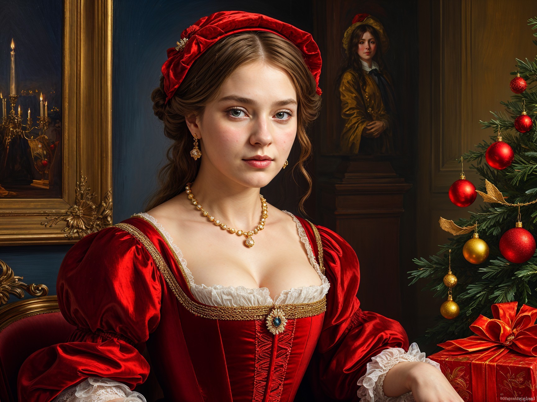 Young Woman in Regal Red Dress with Festive Background