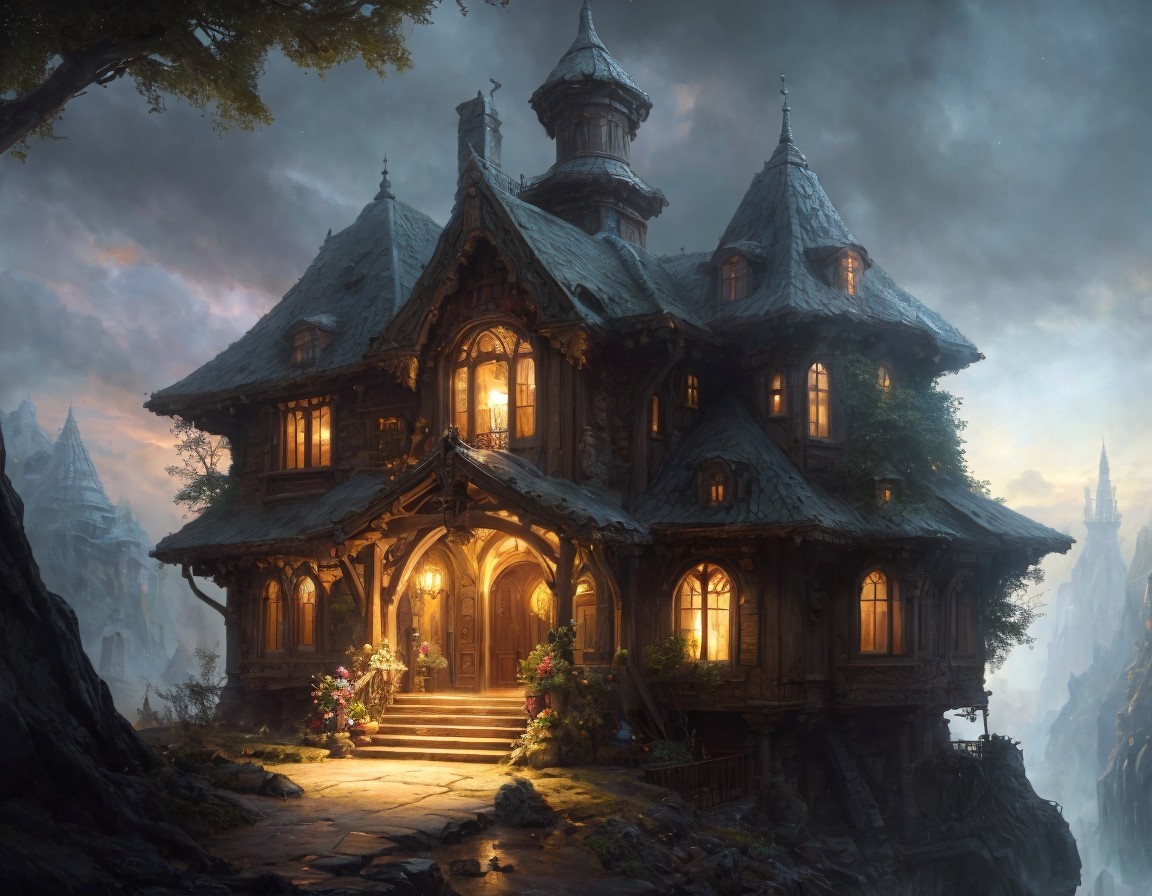 Old-fashioned wooden house with spires in foggy landscape