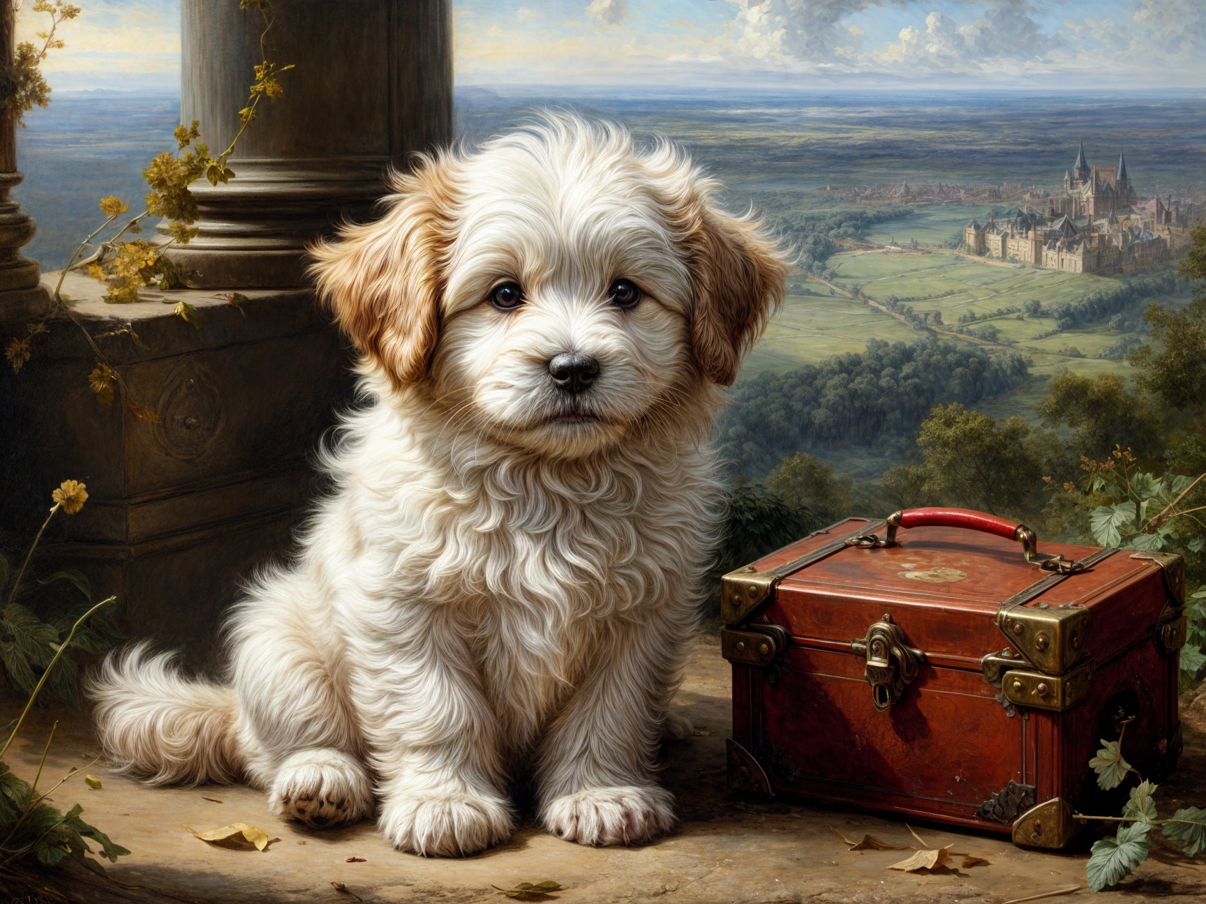 Fluffy Puppy with Vintage Treasure Chest in Scenic Landscape