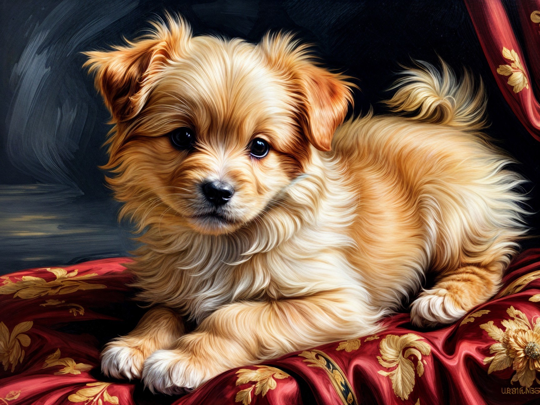 Fluffy Golden Puppy on Luxurious Red Fabric