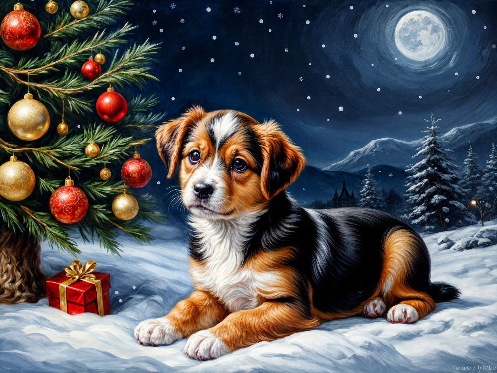 Fluffy Tricolor Puppy in Snowy Christmas Scene