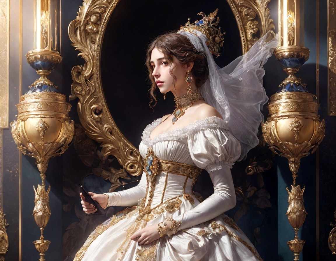 Woman in white and gold dress with veil and tiara near gilded mirror.