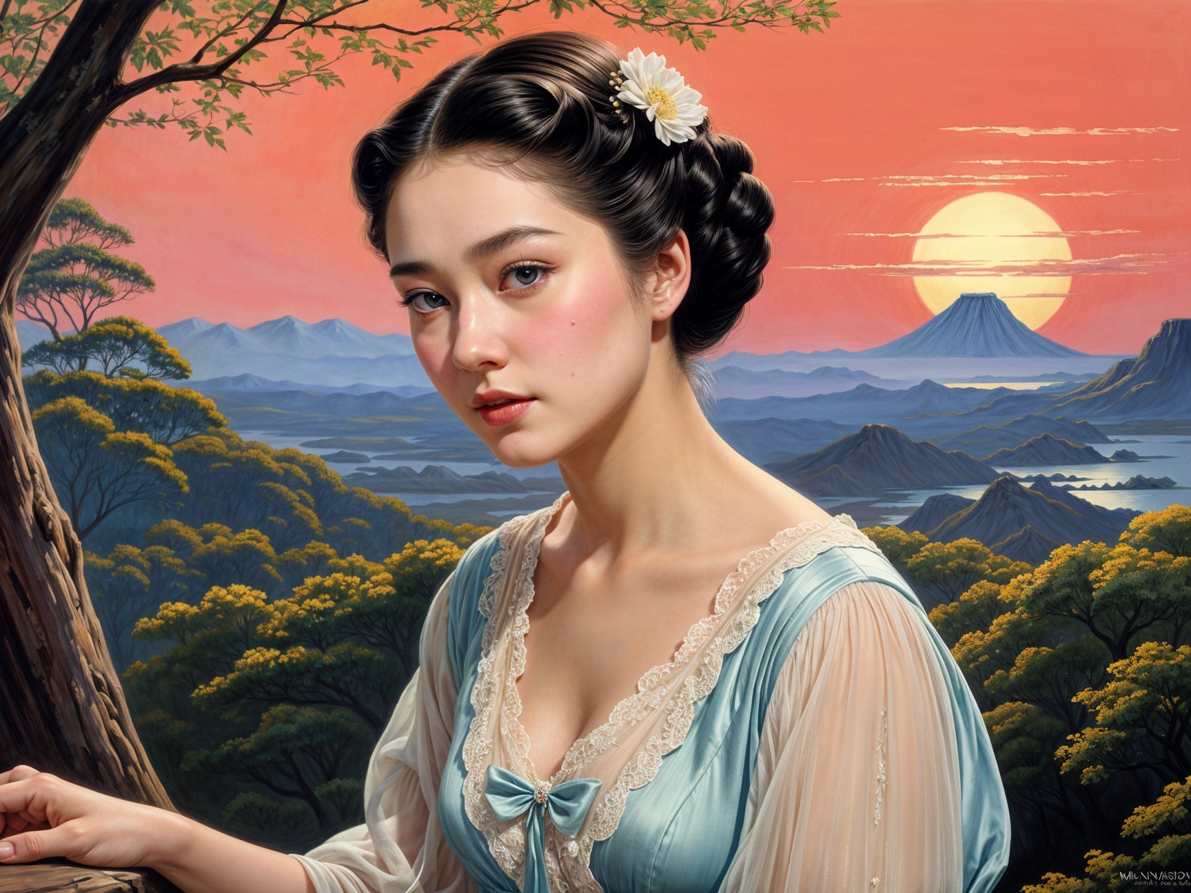 Young Woman in Light Blue Gown at Sunset in Mountains