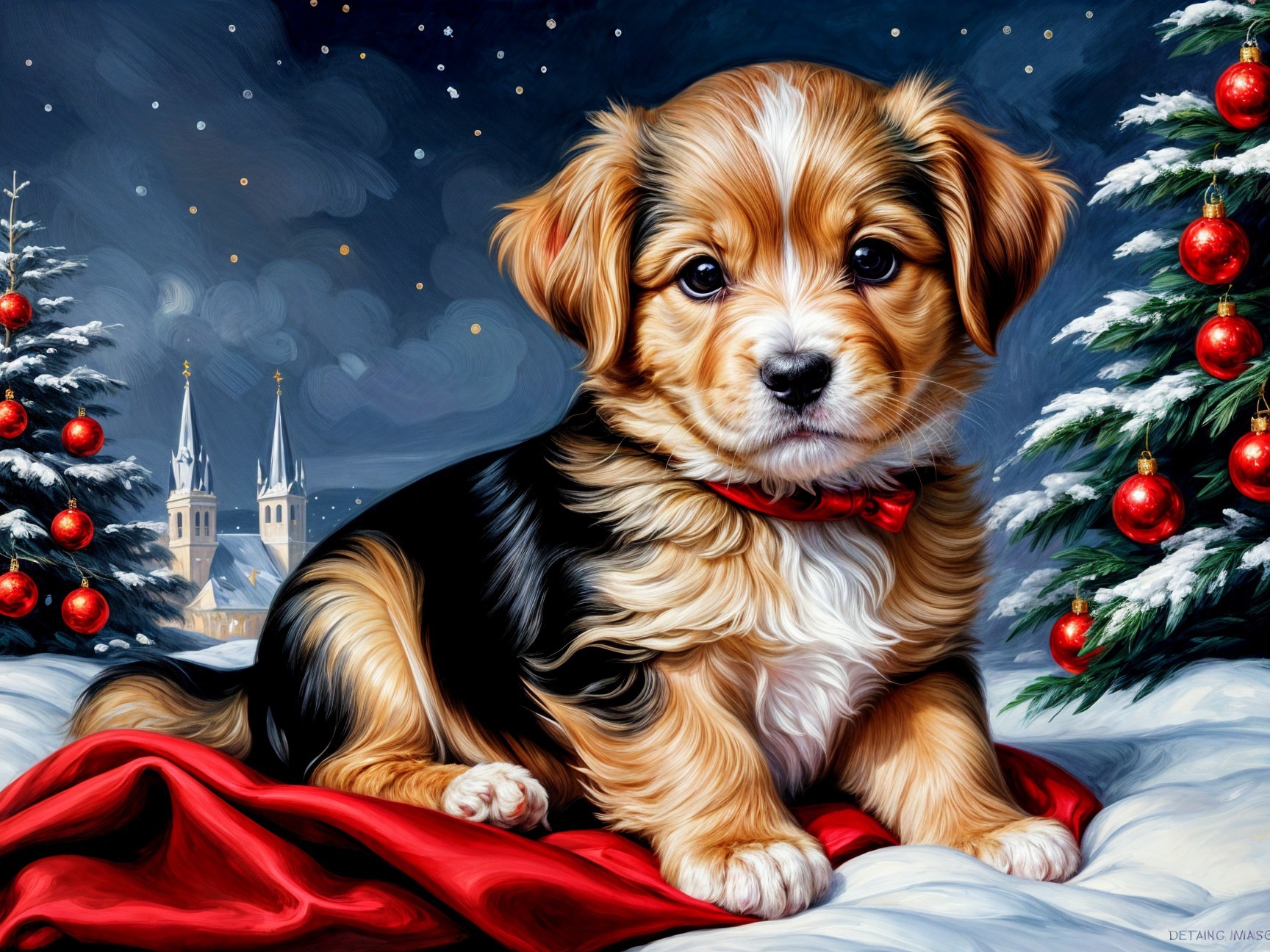 Puppy on Red Cloth in Snowy Christmas Scene
