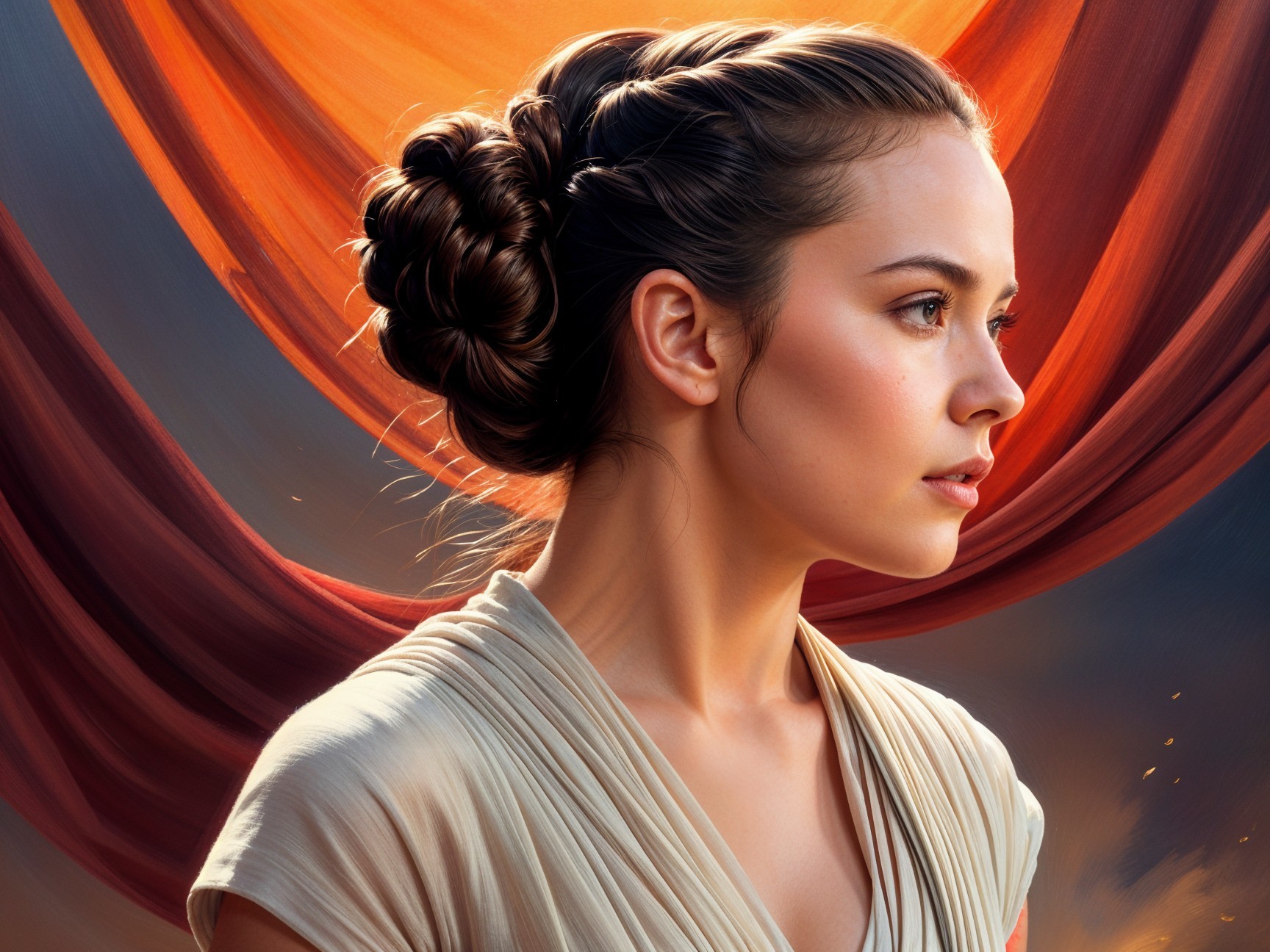 Close-up of a young woman with braided bun hairstyle