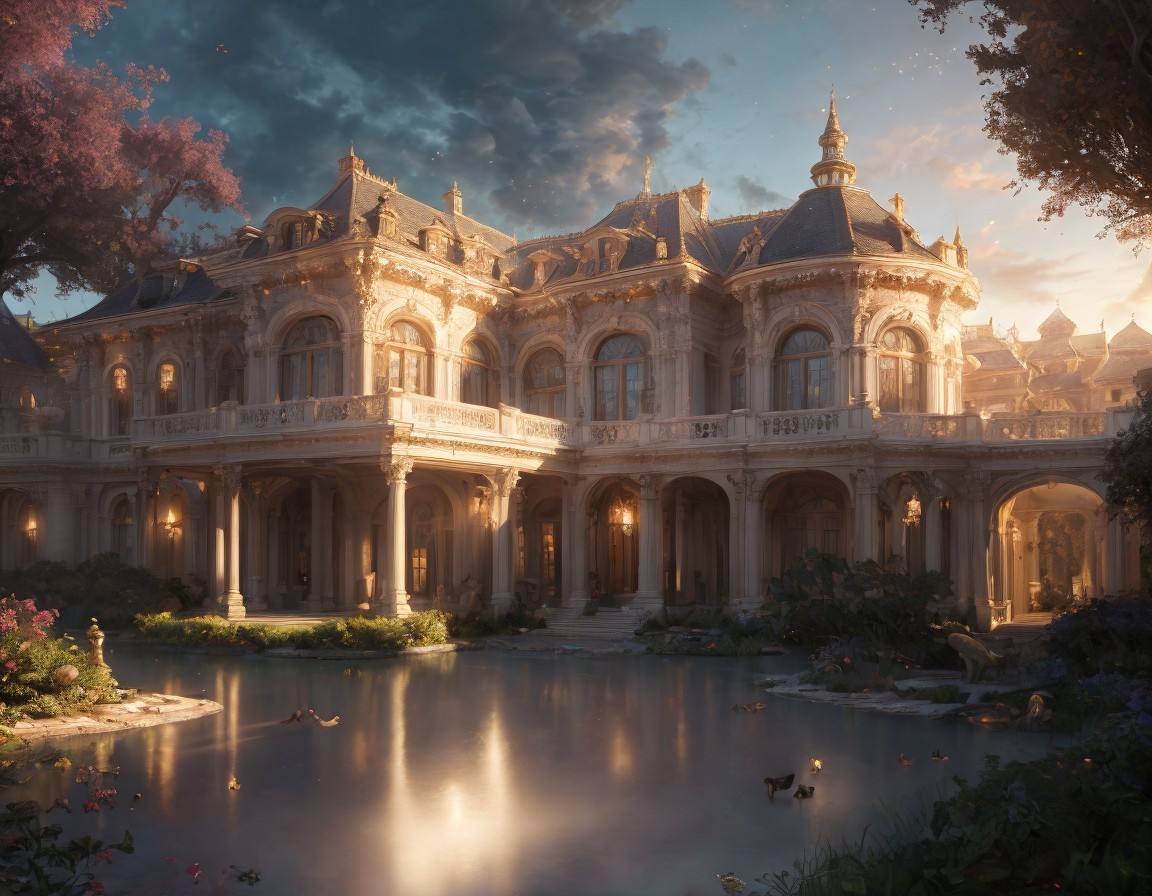 Elegant mansion at twilight reflected in tranquil pond