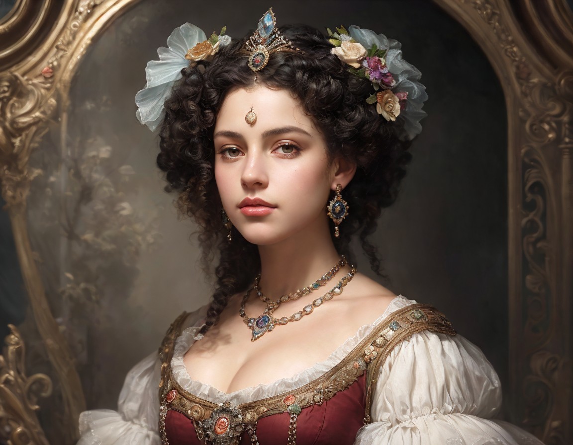 Regal woman with jeweled tiara and floral-adorned burgundy dress