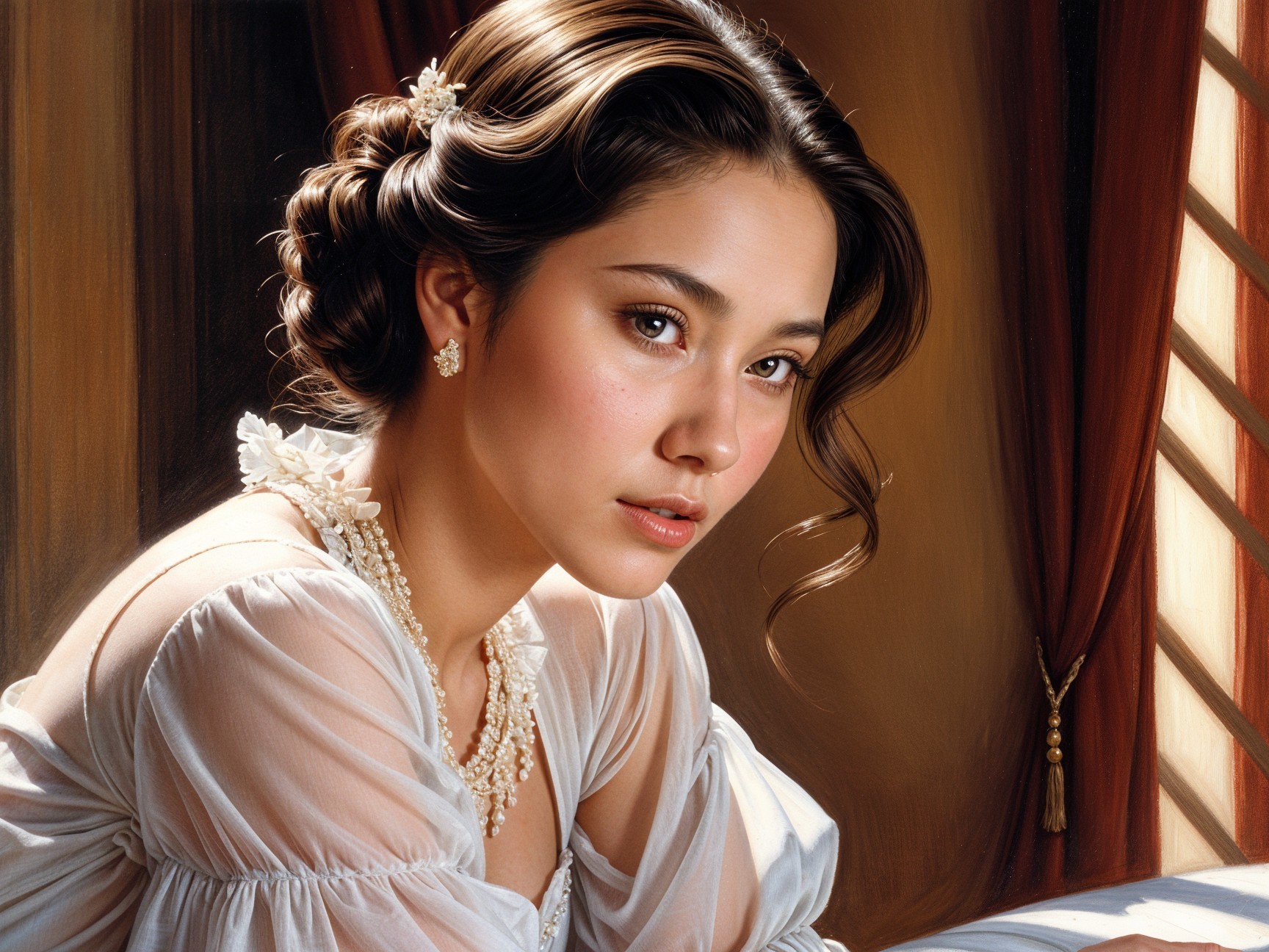 Elegant Young Woman in Soft Lighting and Flowing Garment