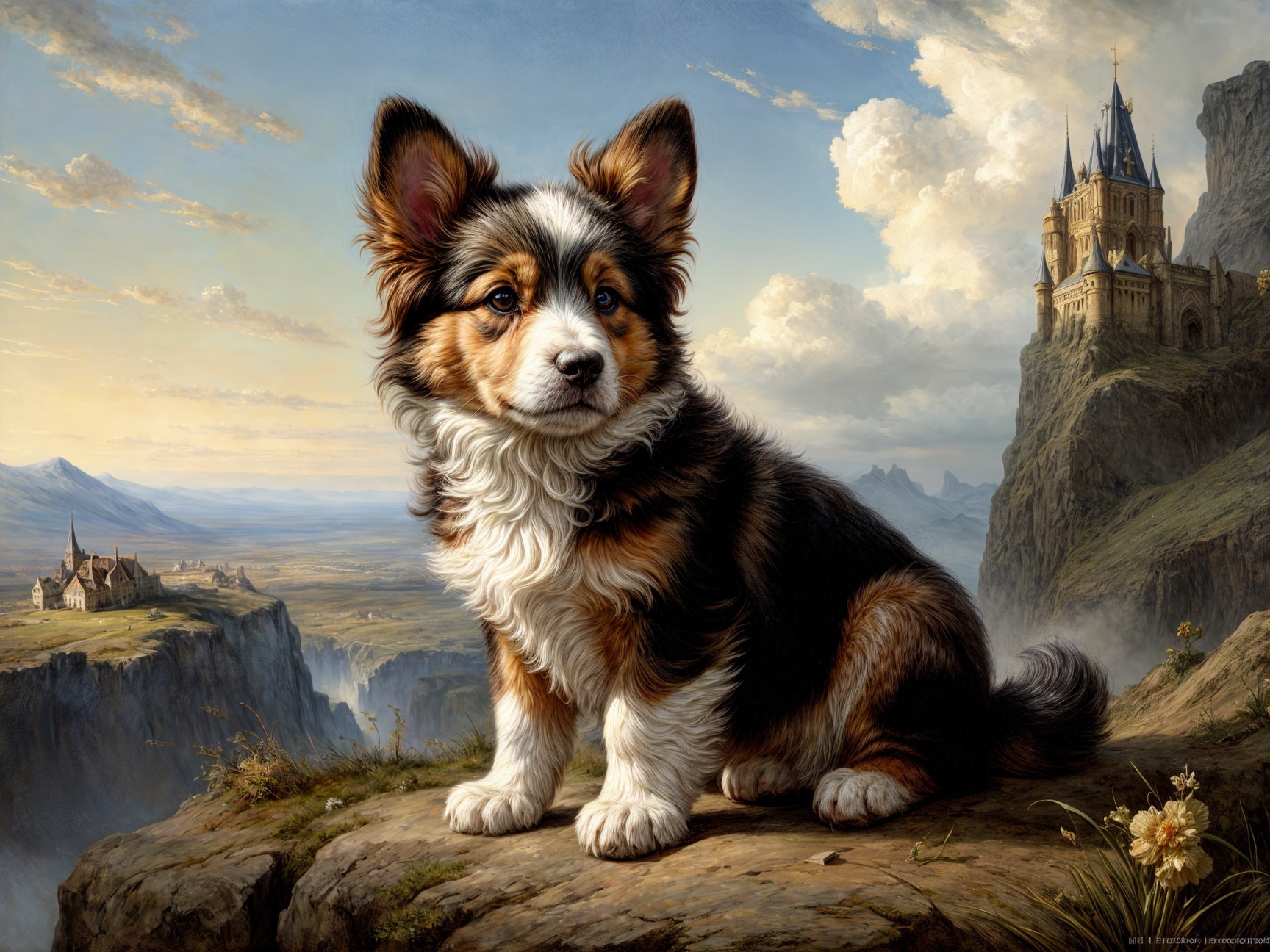Tri-Colored Puppy on Rocky Ledge with Scenic View