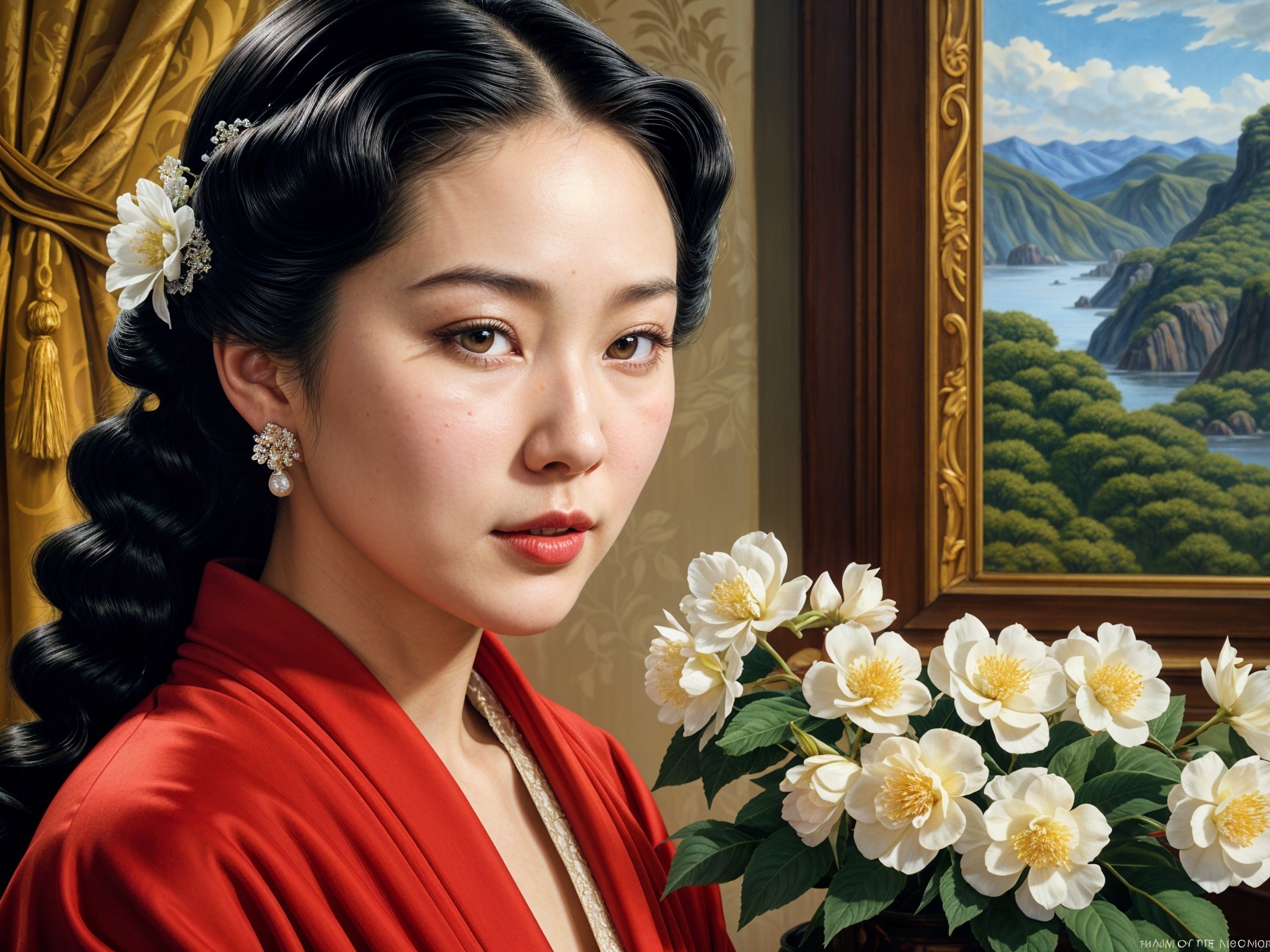 Elegant Woman in Red Robe with White Flowers