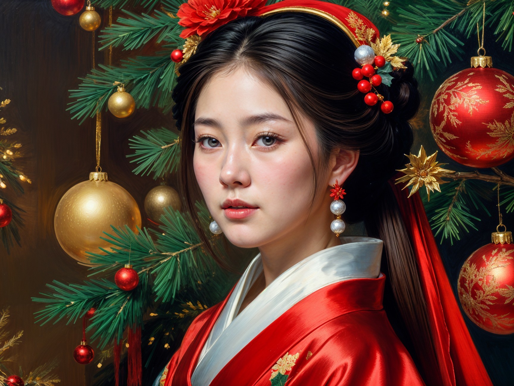 Young Woman in Red Kimono with Pine Branches Decor