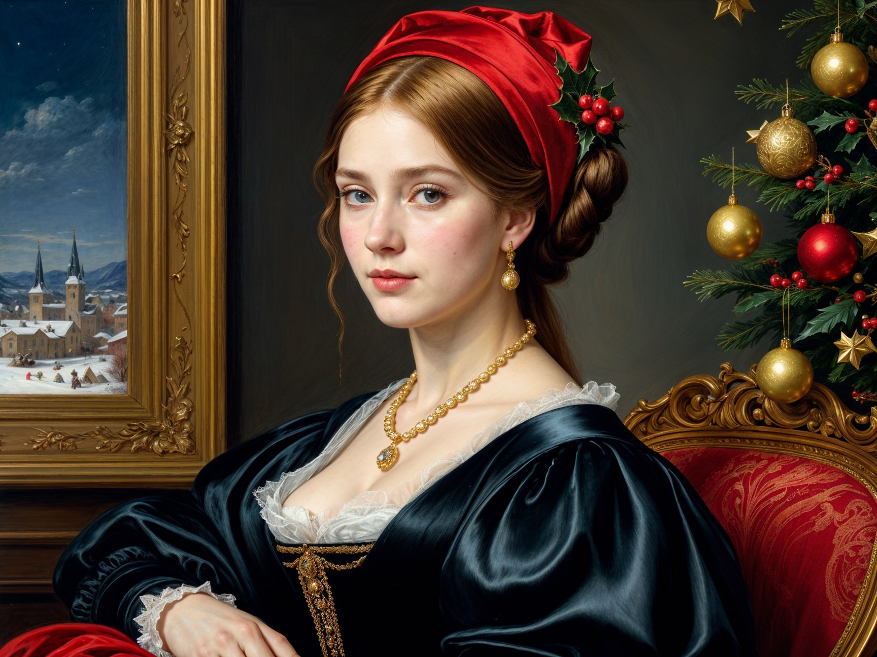Portrait of a Young Woman in Festive Winter Scene