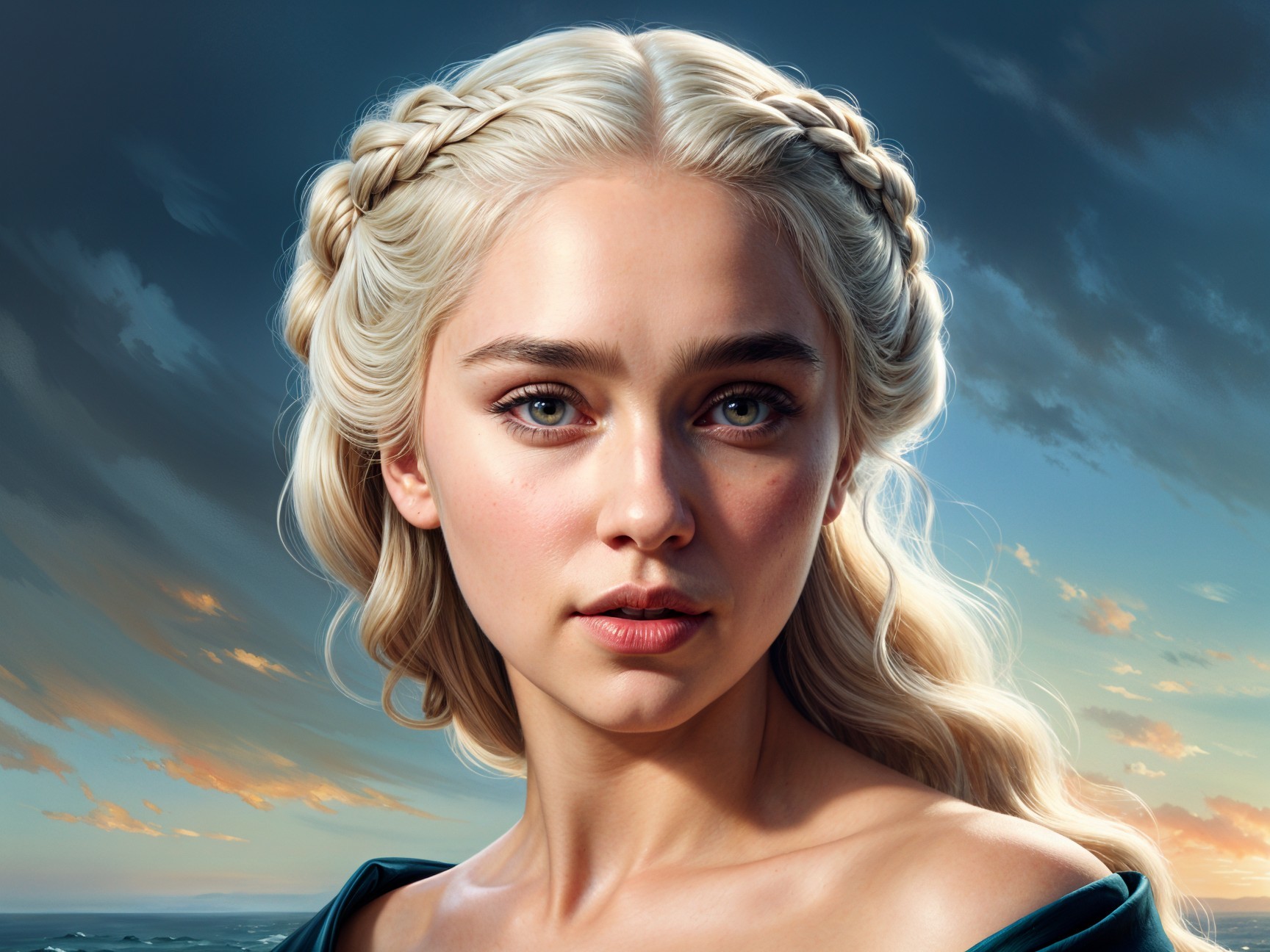 Young Woman with Platinum Hair and Dramatic Sky