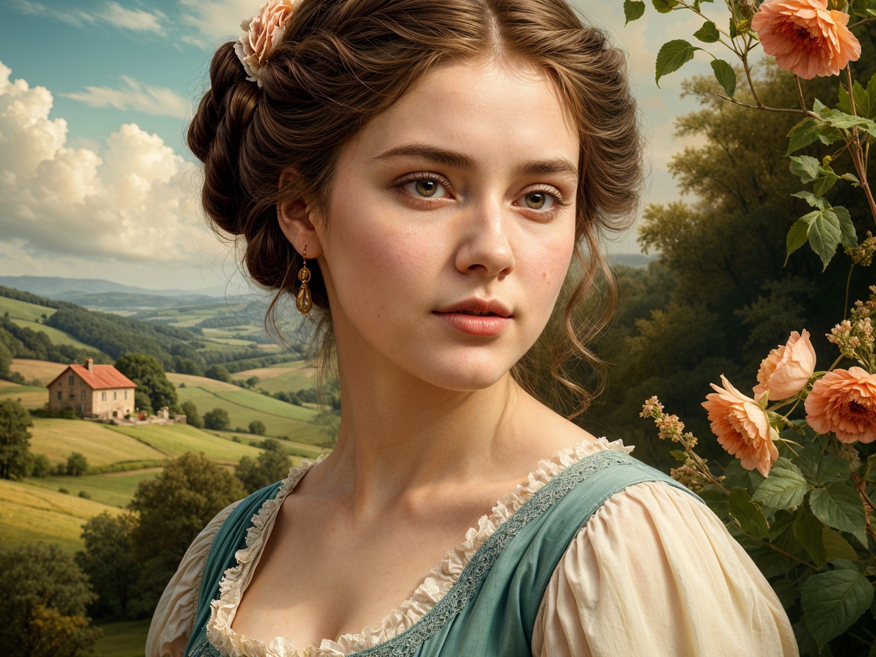Serene Young Woman in Vintage Dress with Floral Hairpiece