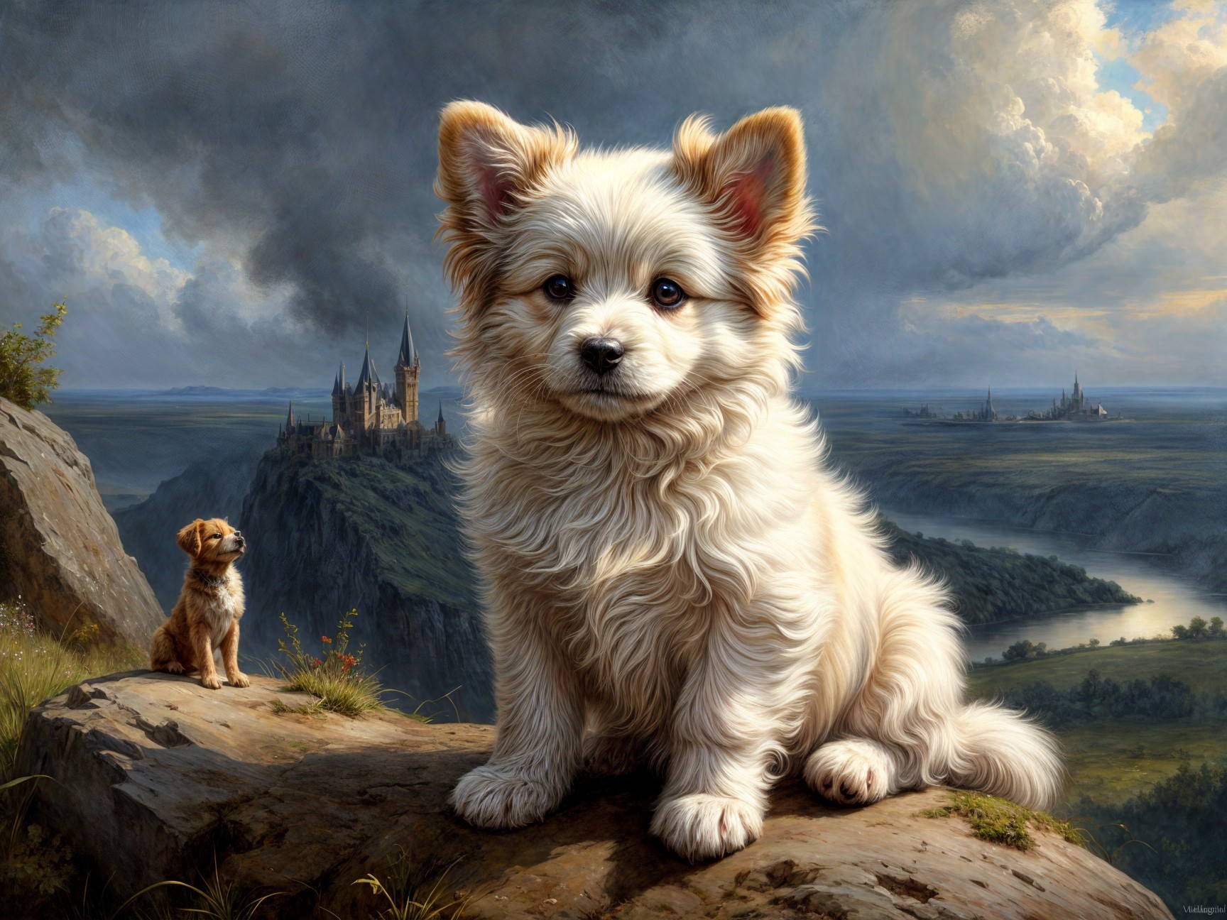 Puppy on Rocky Outcrop with Castle and Dramatic Clouds