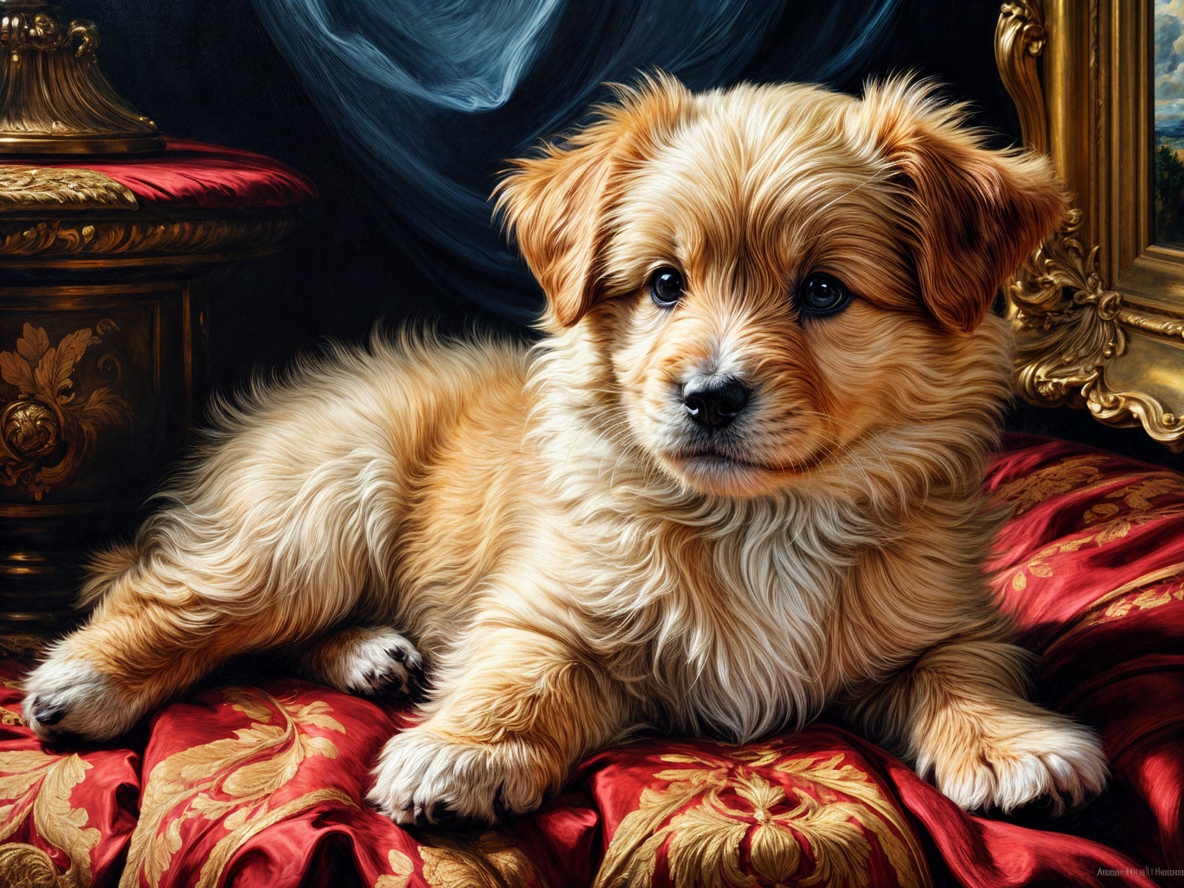 Fluffy Golden Puppy on Luxurious Red Velvet Cushion