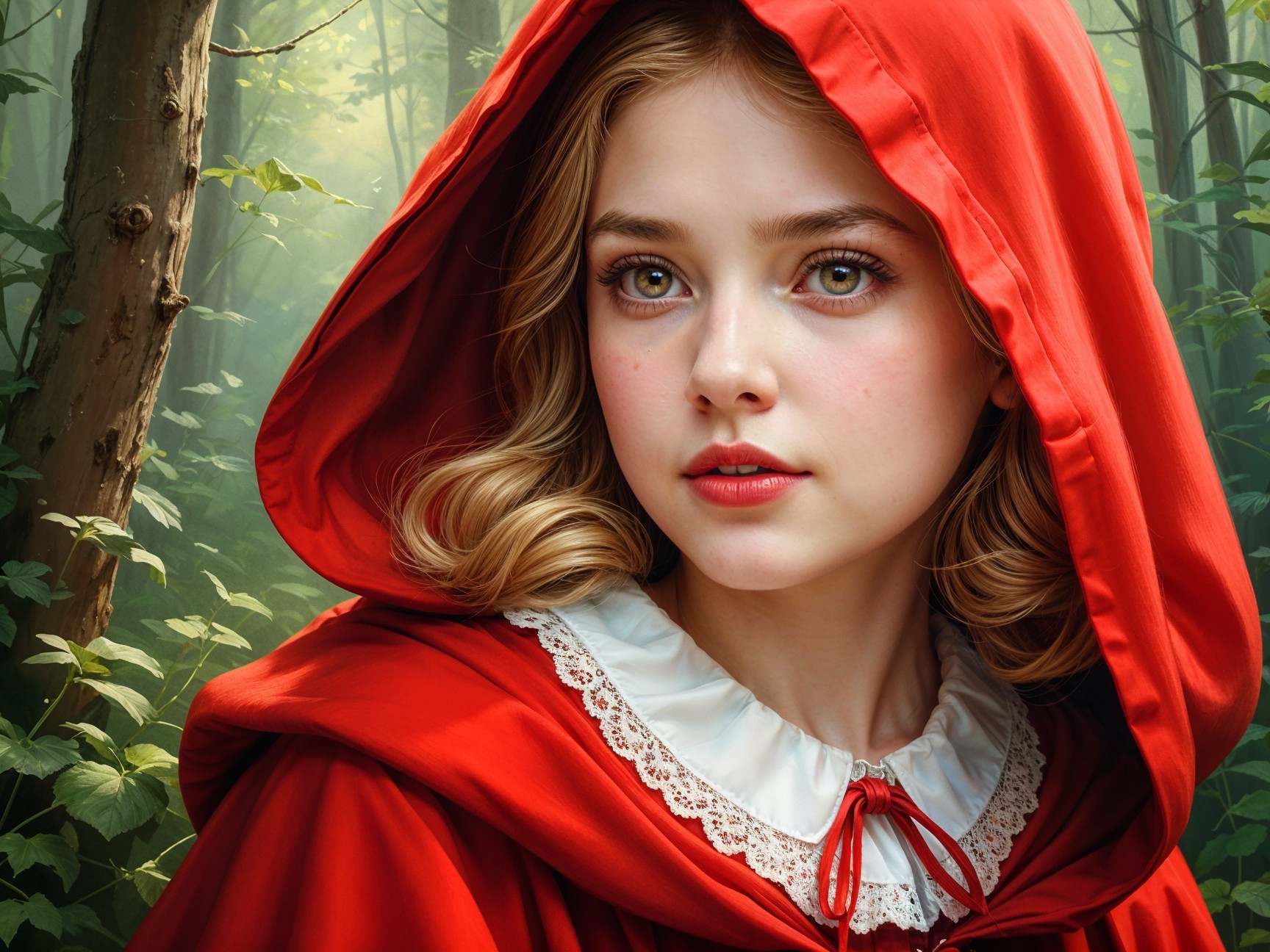 Young girl in red hood with green eyes in forest