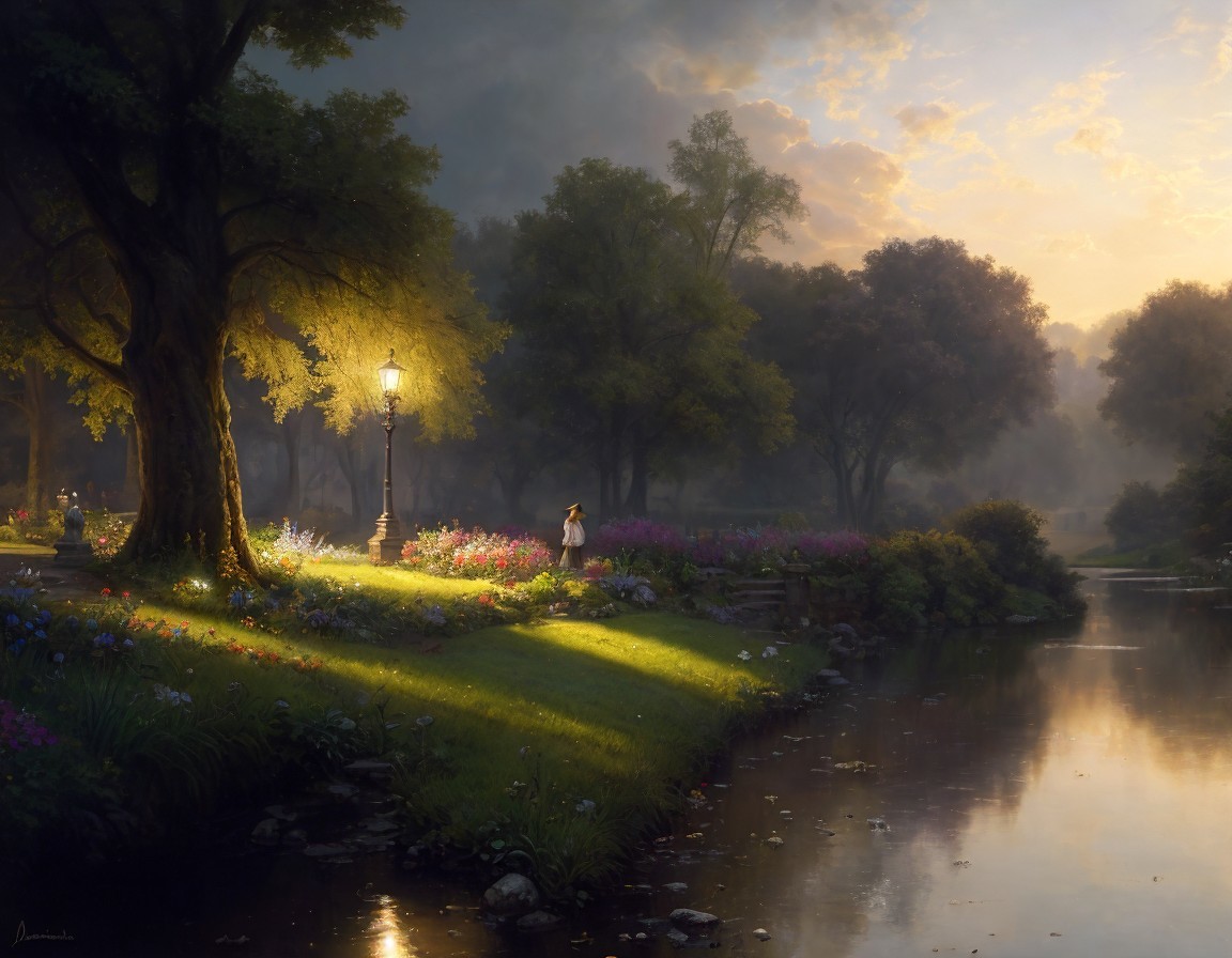Tranquil sunrise park scene with lush trees, flowers, person by lamppost, and calm