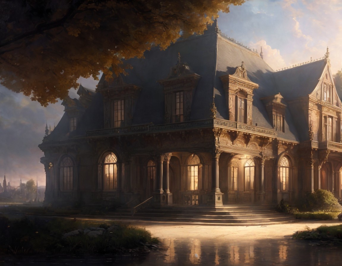 Ornate mansion with intricate details and serene surroundings