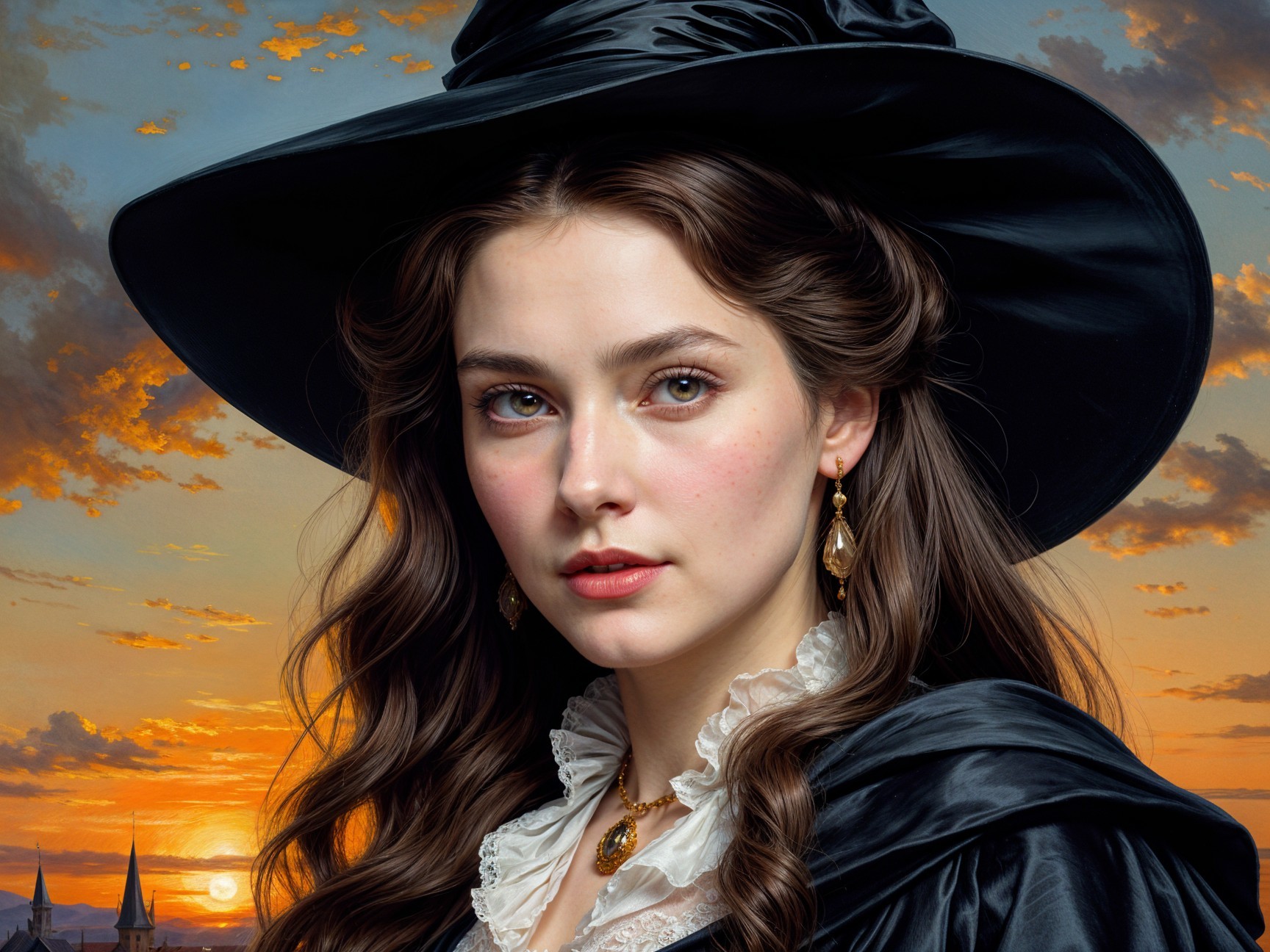 Young woman in witch's hat with sunset backdrop