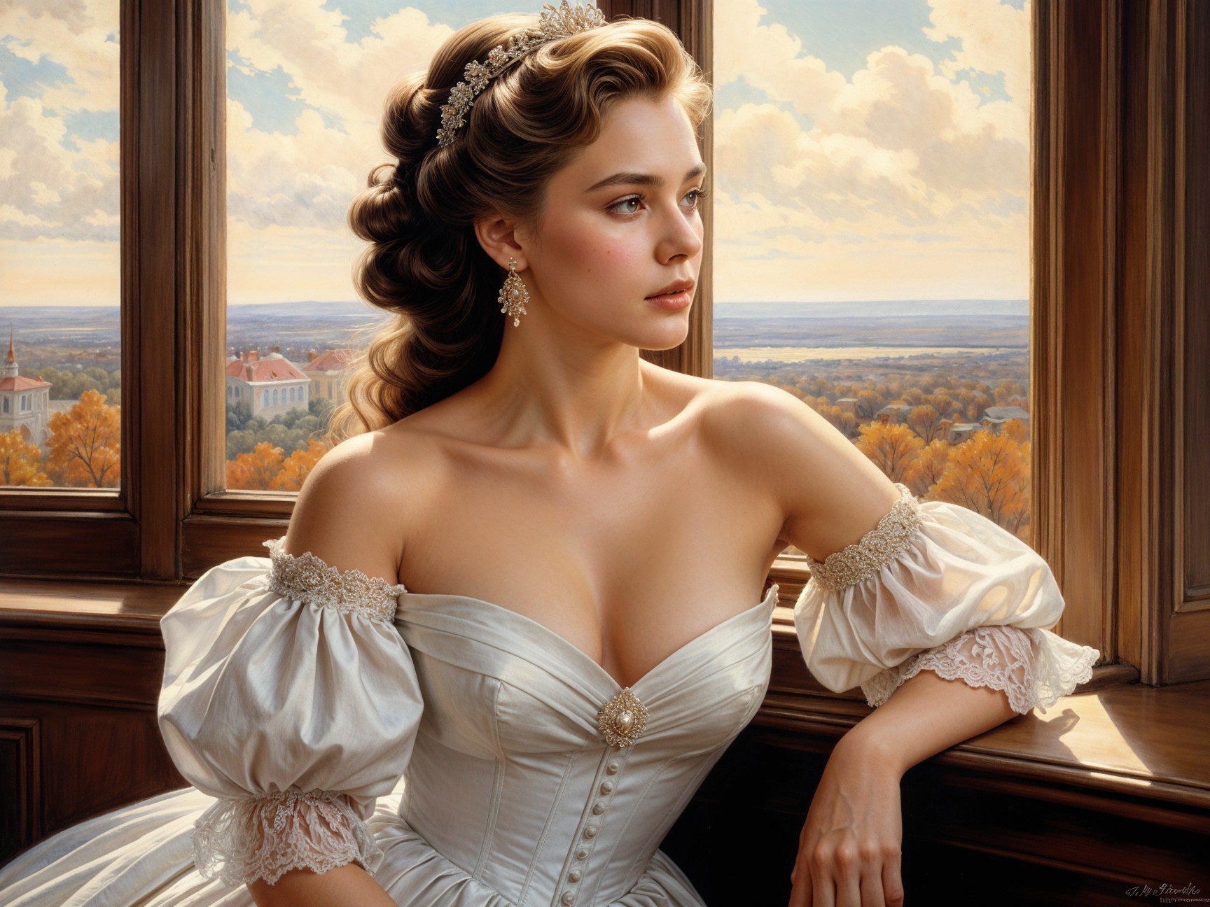 Young Woman in Elegant Off-Shoulder White Gown
