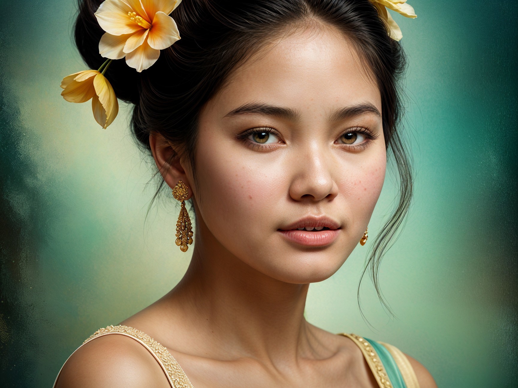 Young Woman with Yellow Flowers and Elegant Attire
