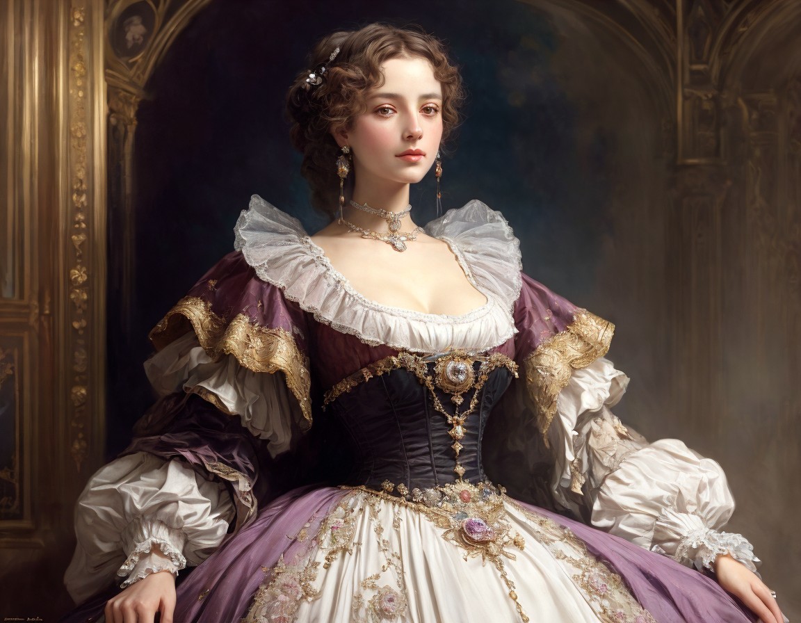 Regal Woman in Elegant Historical Dress and Jewelry