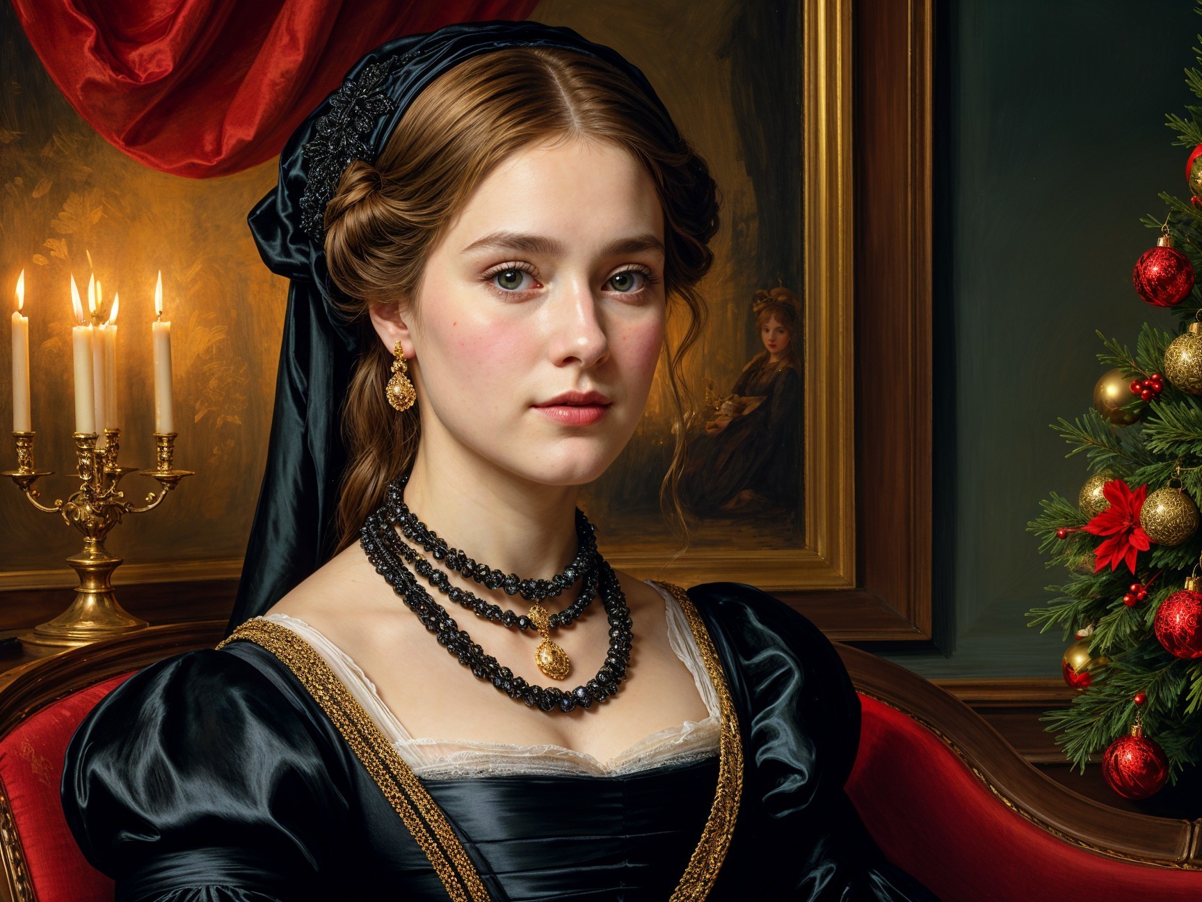 Elegant Young Woman in Black Gown with Holiday Decor