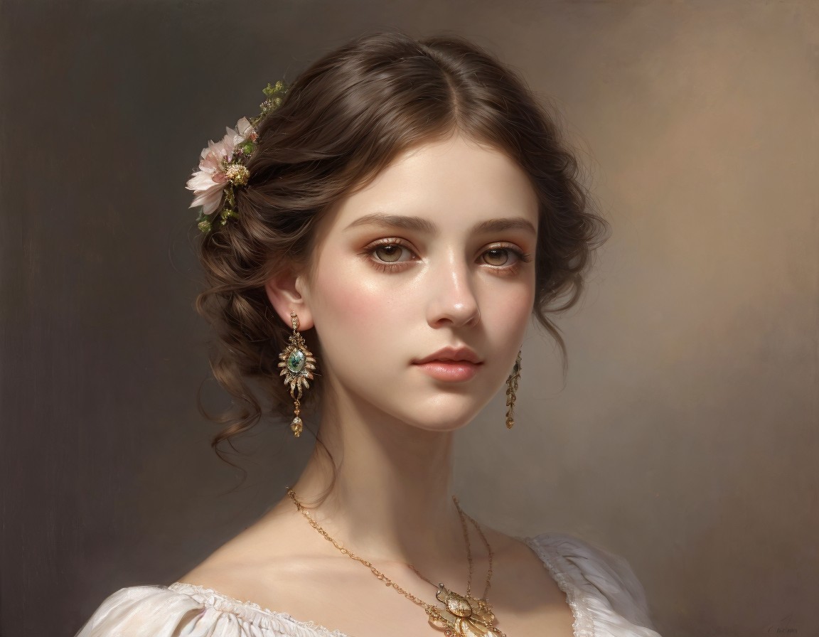 Portrait of a Young Woman in Vintage Jewelry and Floral Headpiece