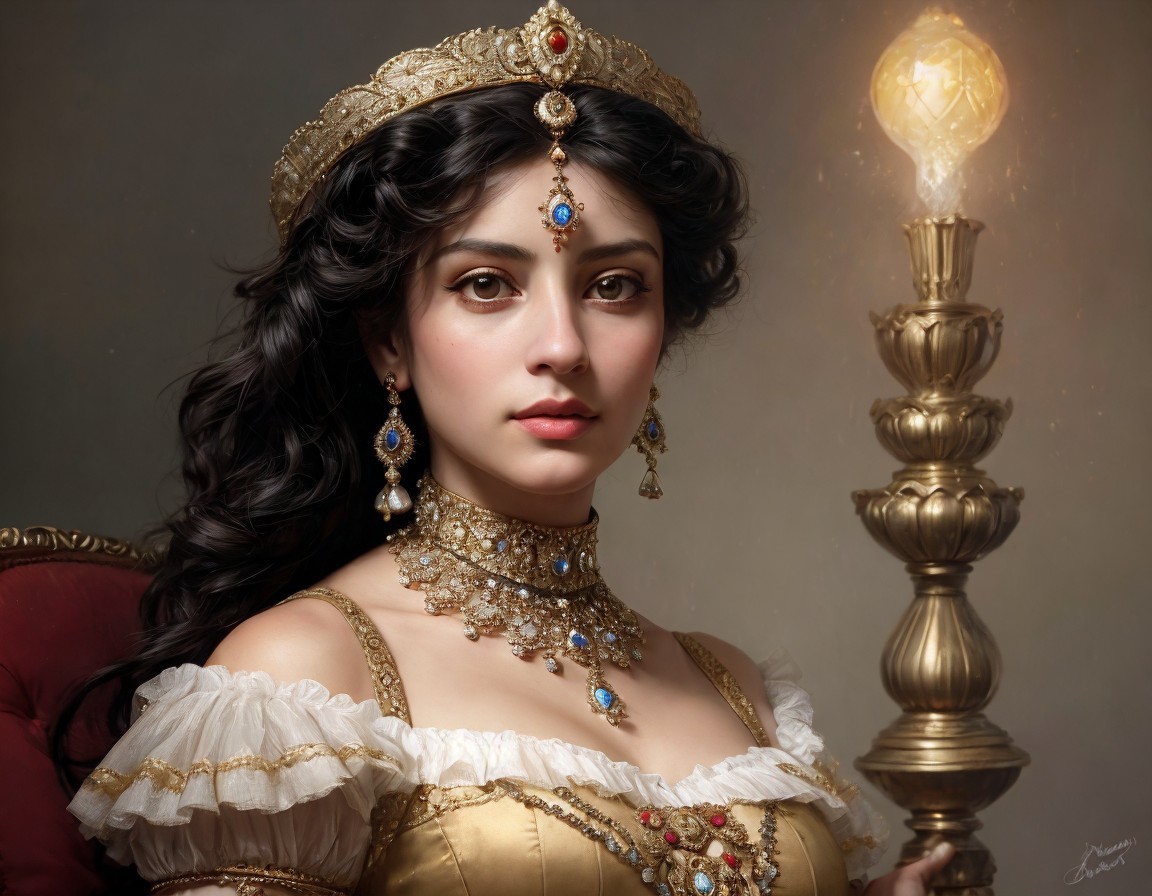 Regal woman with dark curly hair wearing golden crown and jewelry holding a lit candelabra.
