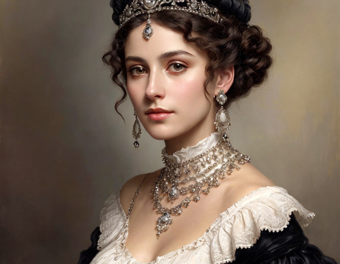 Portrait of woman in diamond jewelry and lace dress