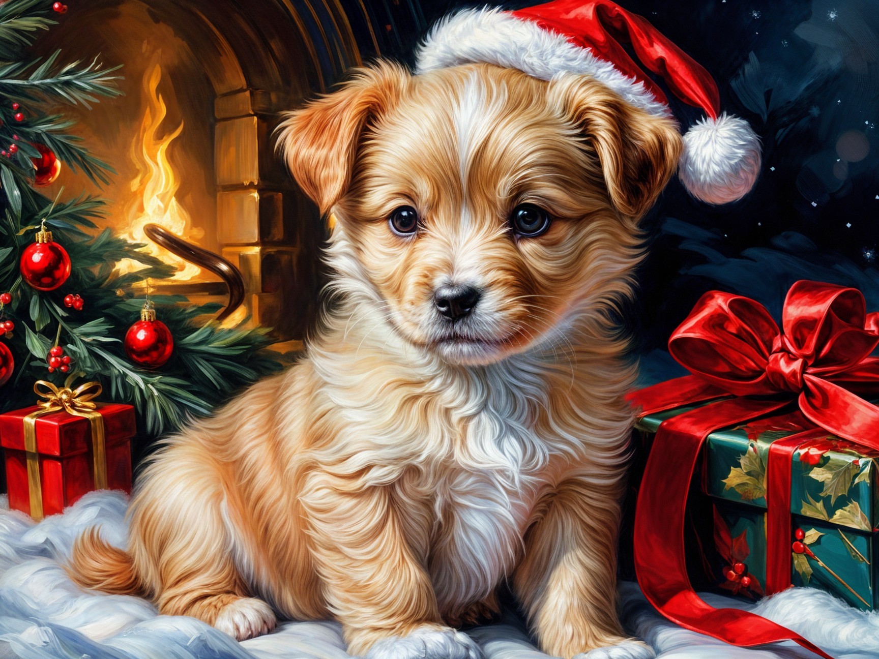 Light Brown Puppy in Santa Hat by Festive Fireplace
