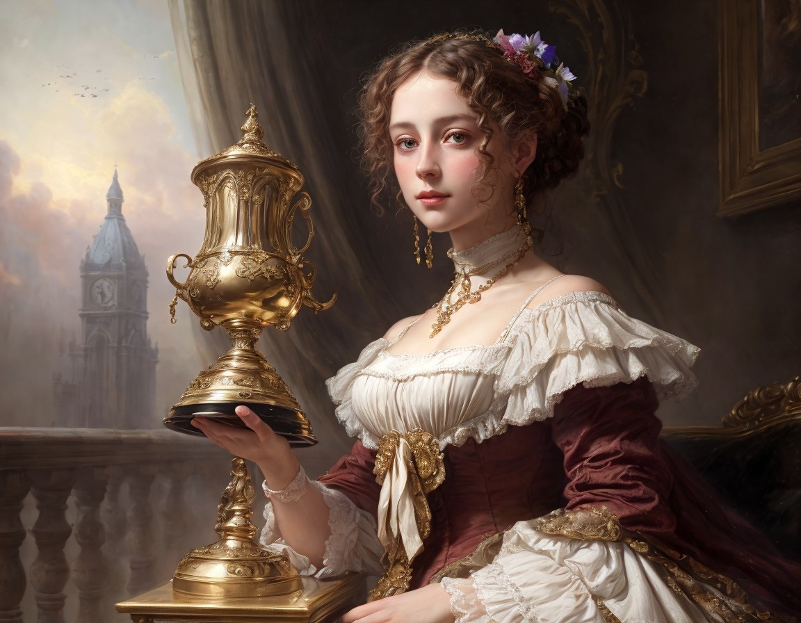 Regal Woman in Historical Attire with Golden Trophy