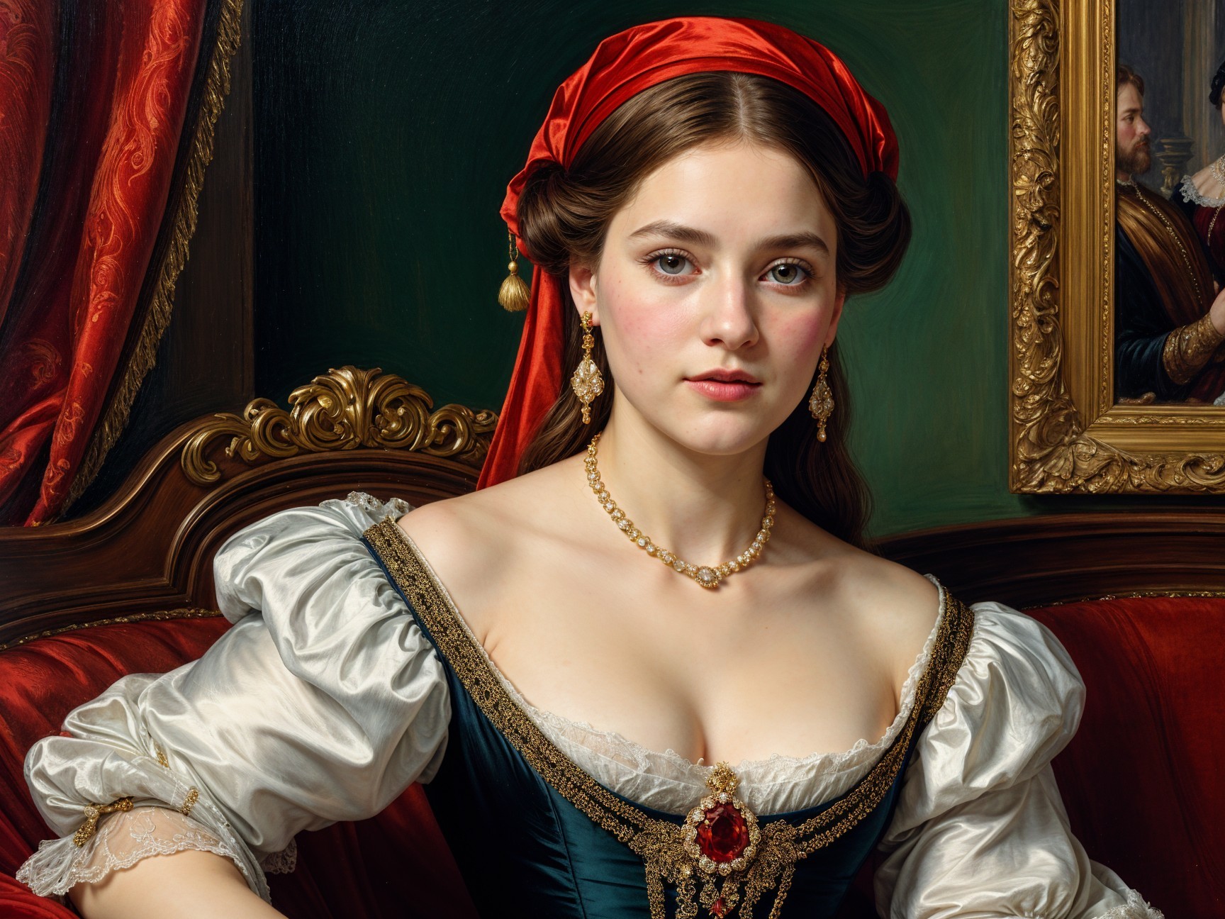 Young Woman in Elegant Dress with Red Headscarf