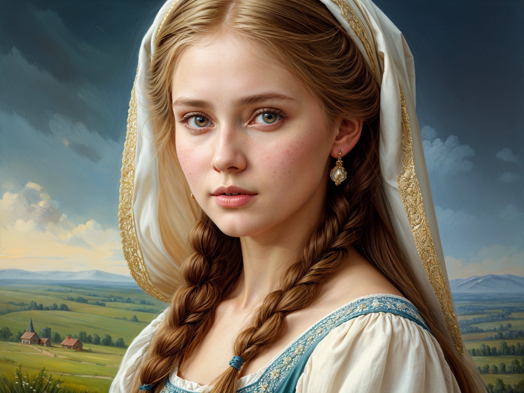 Young Woman in Blue Dress Against Scenic Landscape