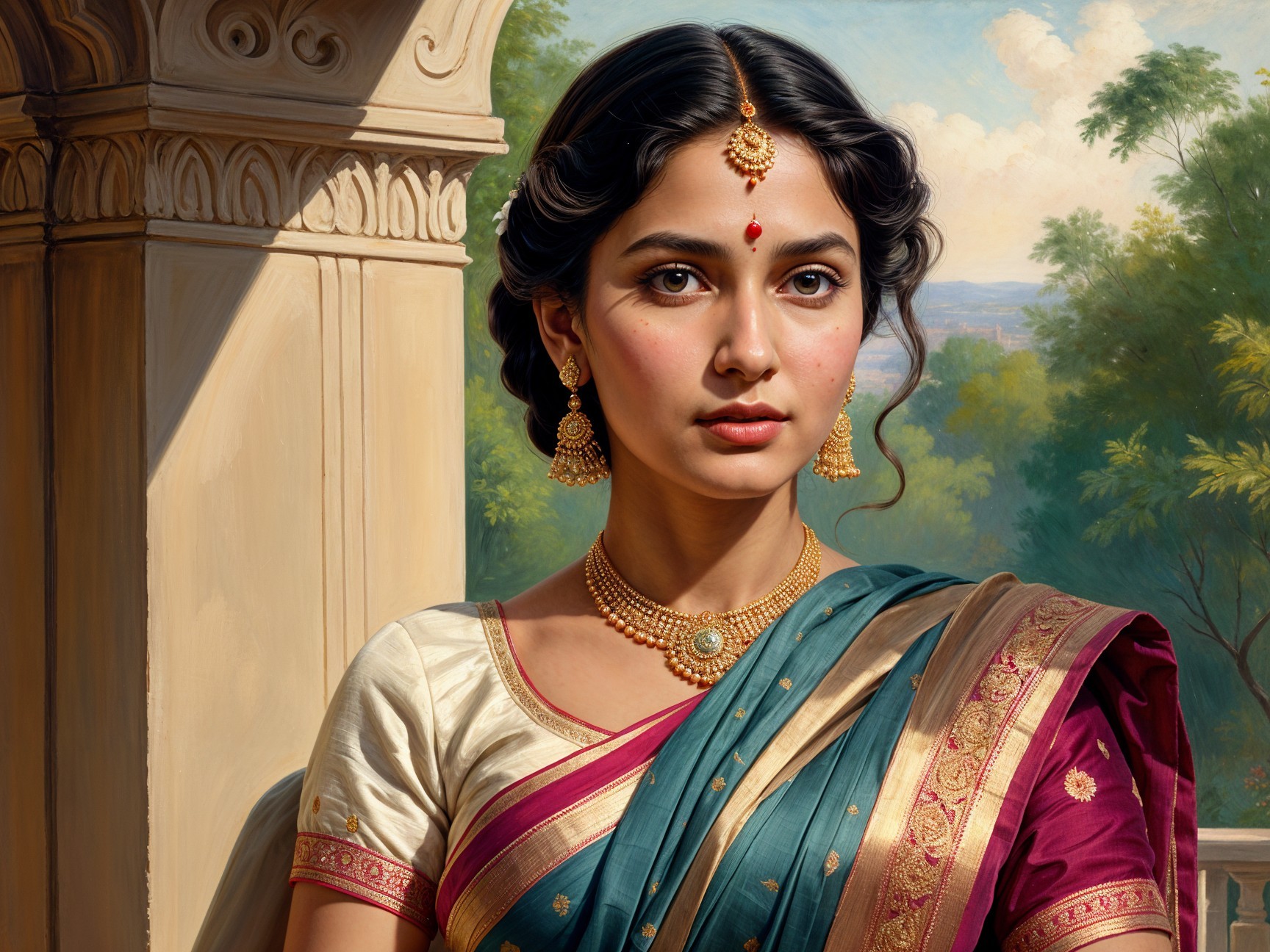 Traditional Saree with Gold Embroidery and Scenic Backdrop