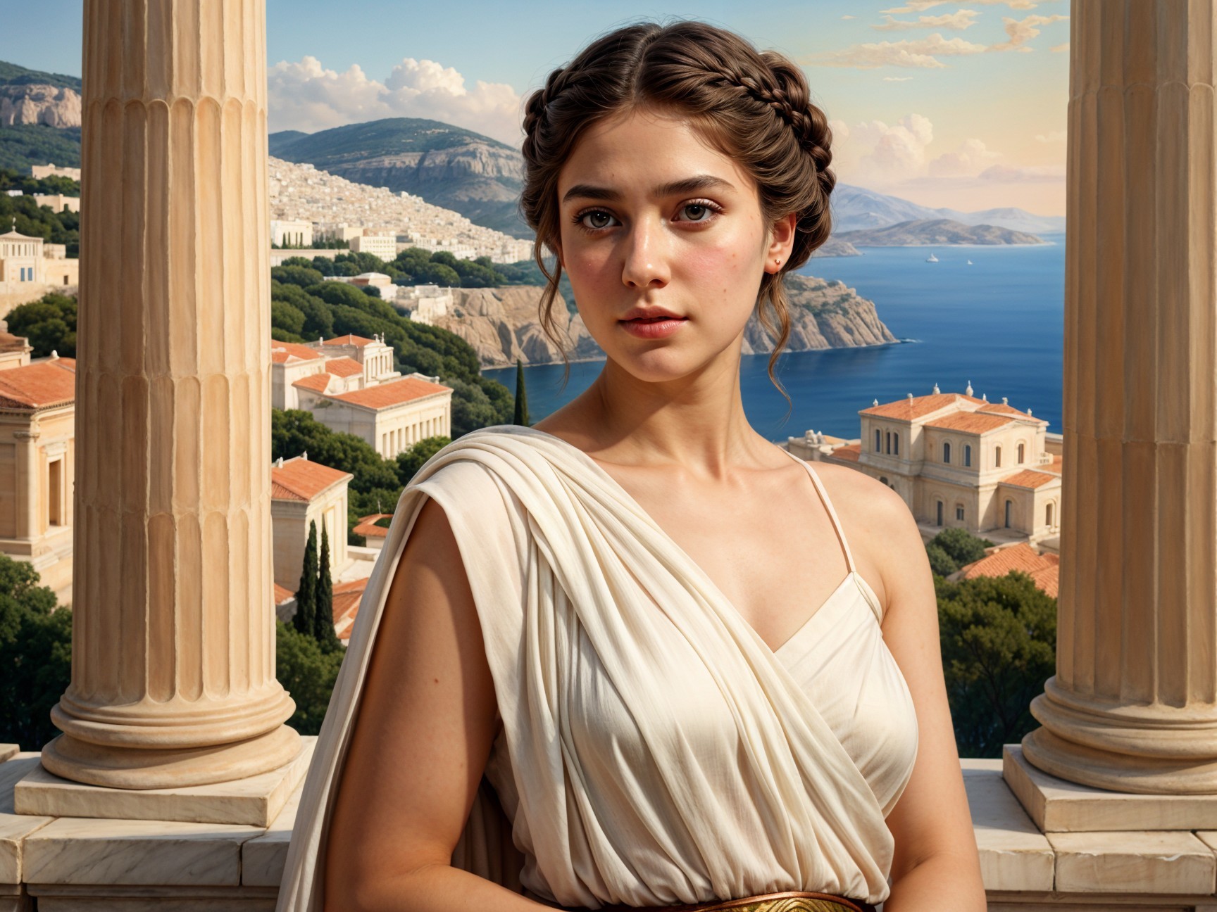 Elegant young woman in cream gown with scenic backdrop