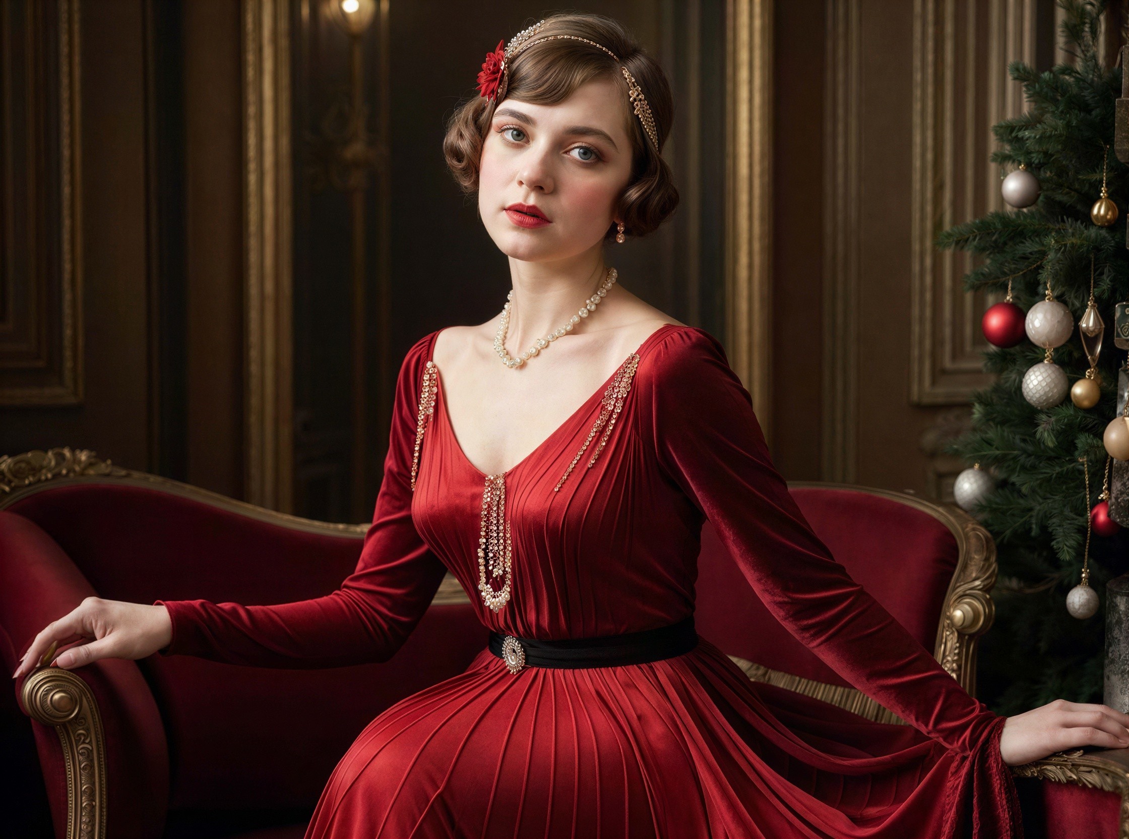 Regal Young Woman in Red Velvet Dress on Couch