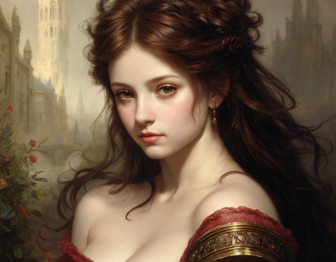 Portrait of a young woman in red dress with cityscape