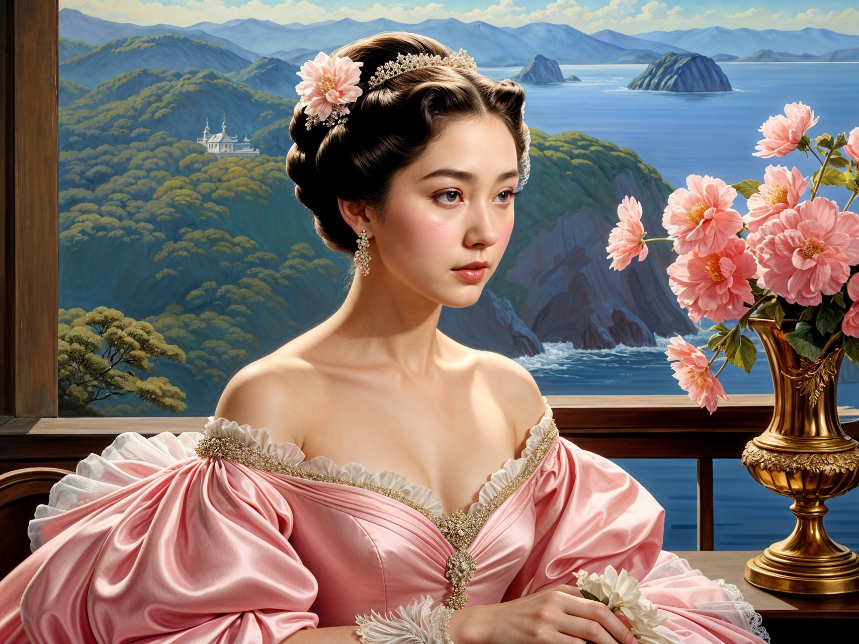 Elegant woman in pink gown by window with landscape