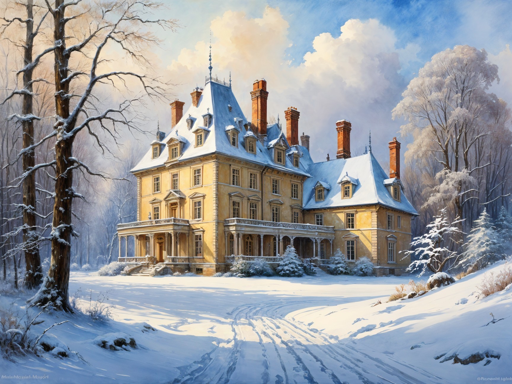 Ornate mansion in snowy landscape with blue sky