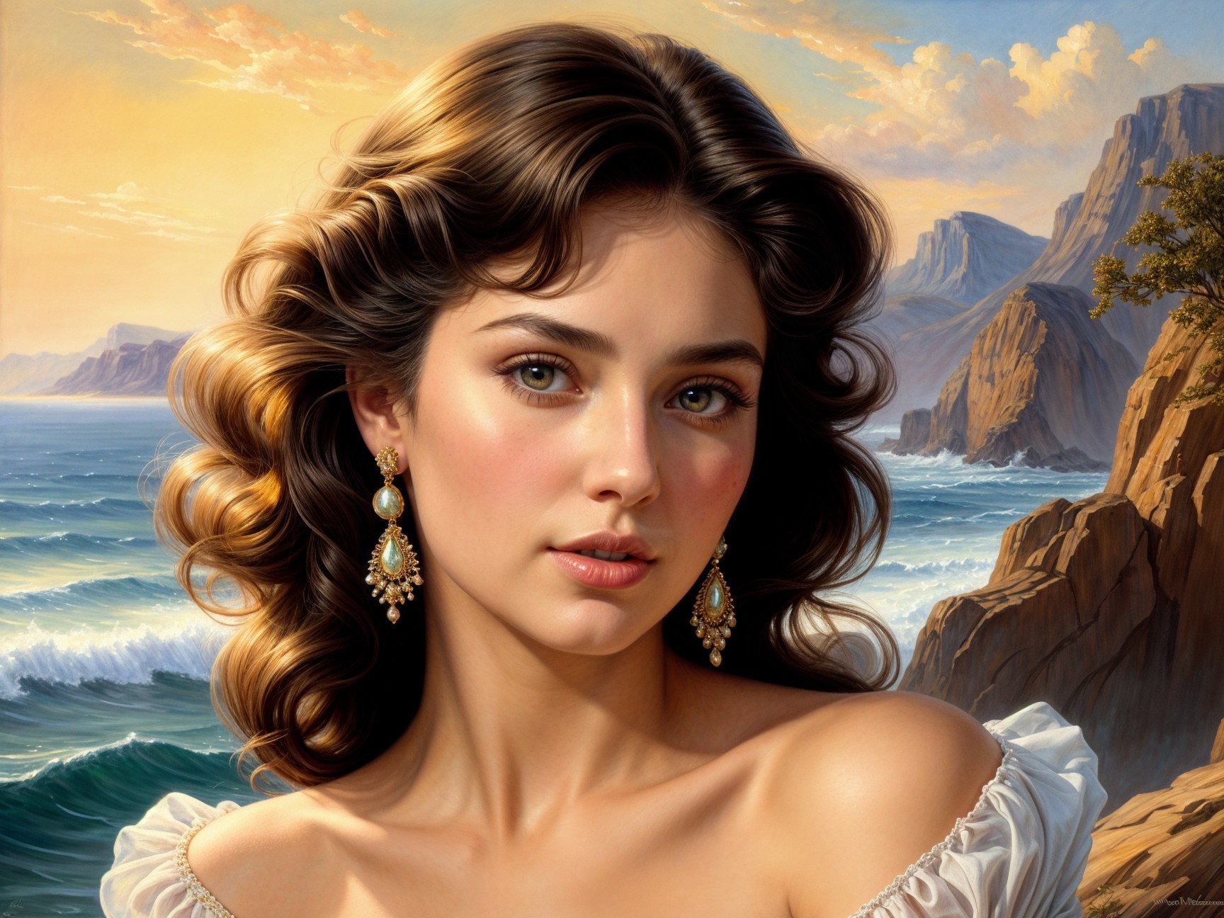 Young woman with wavy hair in coastal sunset scene