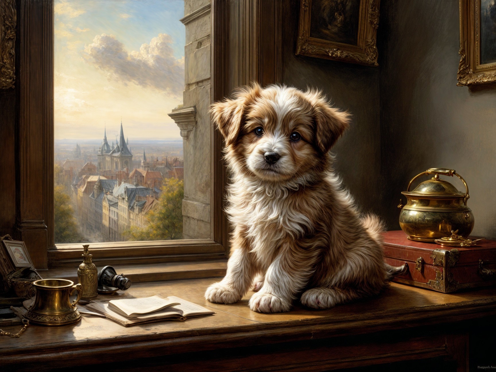 Fluffy Puppy on Table with Vintage Items and Landscape
