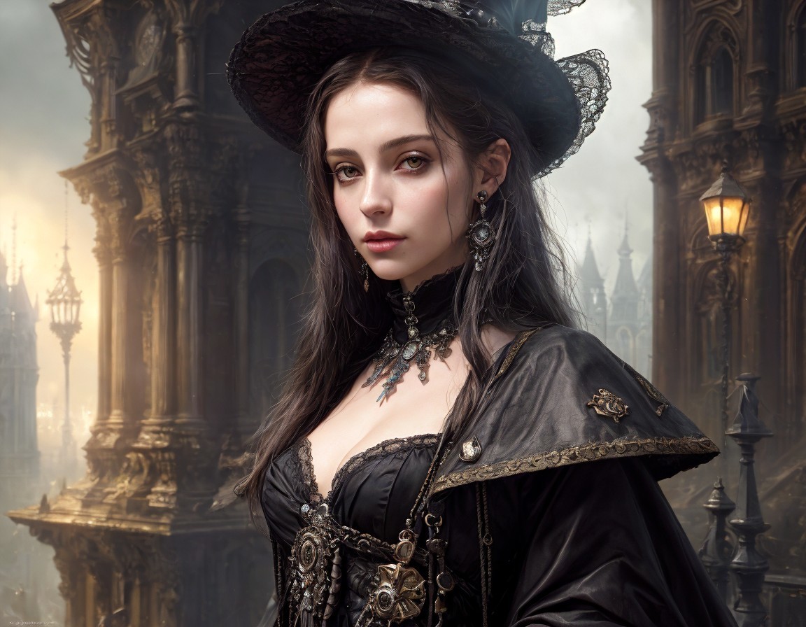 Victorian gothic woman in wide-brimmed hat at ornate, foggy building
