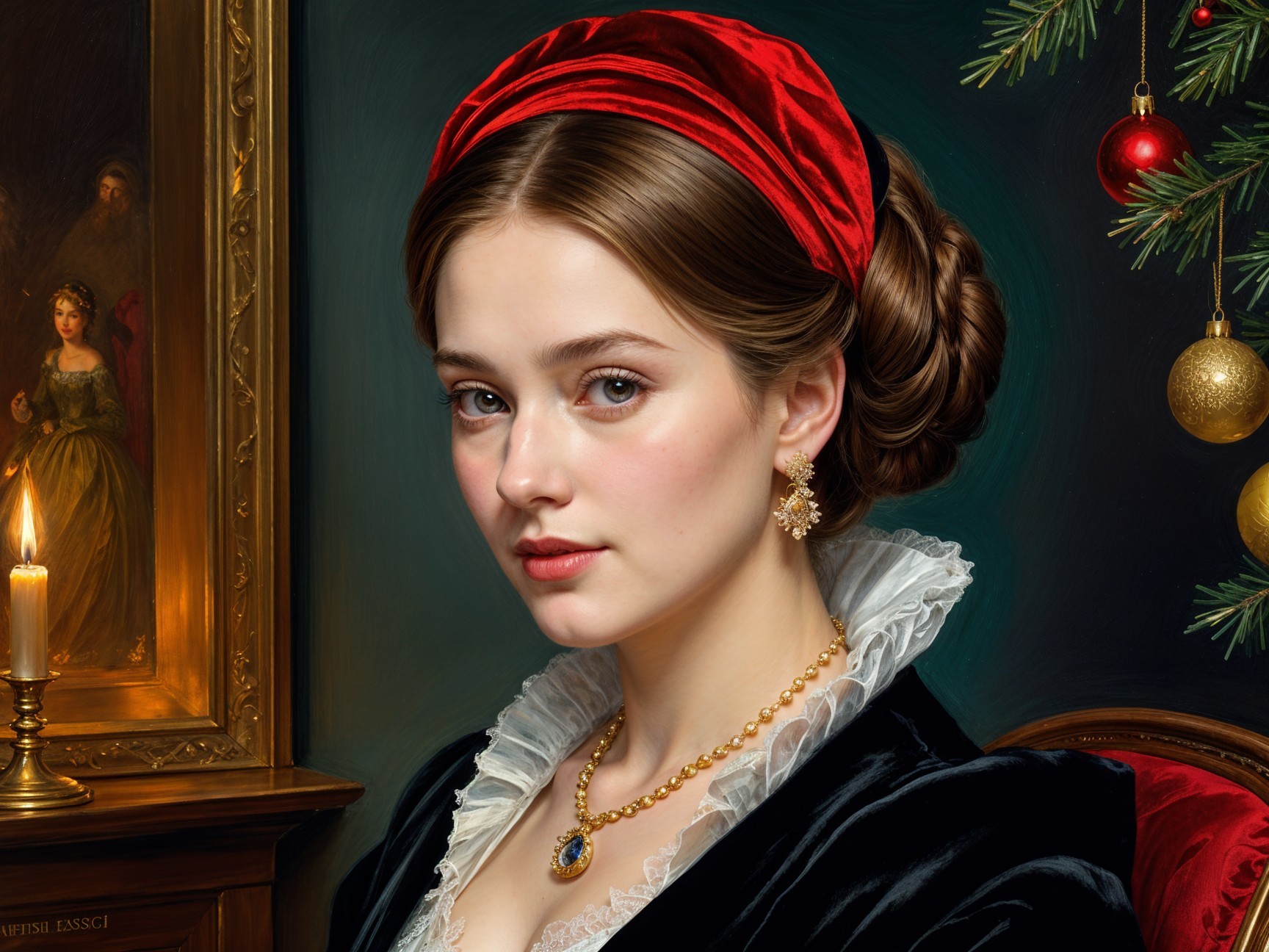 Elegant Young Woman in Velvet Dress with Jewelry