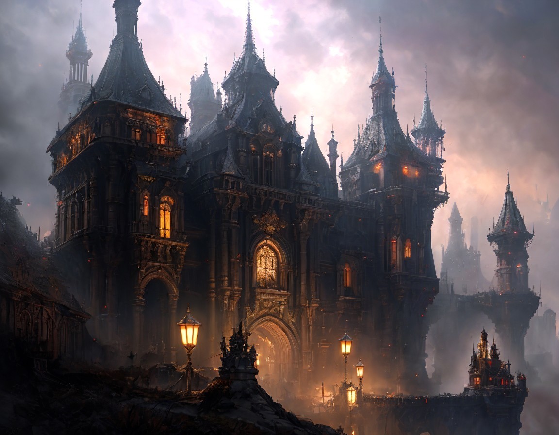 Gothic castle in foggy setting with glowing lanterns